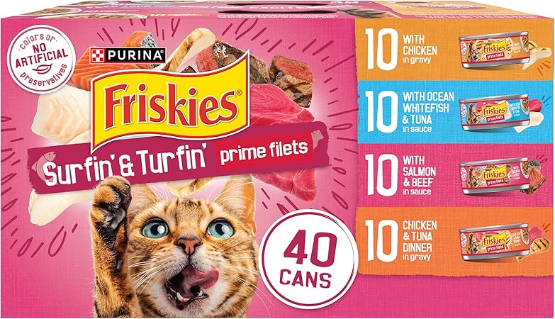 $43.76: 2 × 40-Pack 5.5-Oz Friskies Gravy Wet Cat Food (Surfin’ and Turfin’) ($21.88 each) at Amazon
