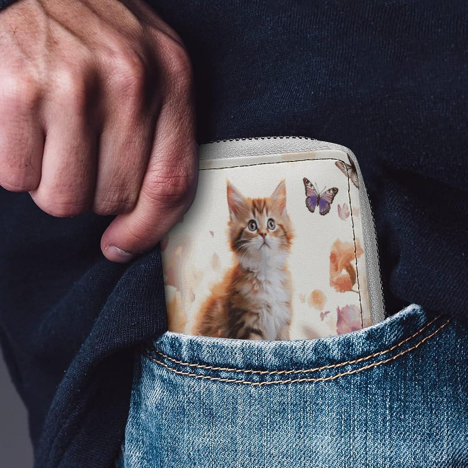 Leather Card Organizer Case Card Wallet Credit Card Holder Cute Kitten Butterfly Printed Zipper Card Cases Holder for Women Men