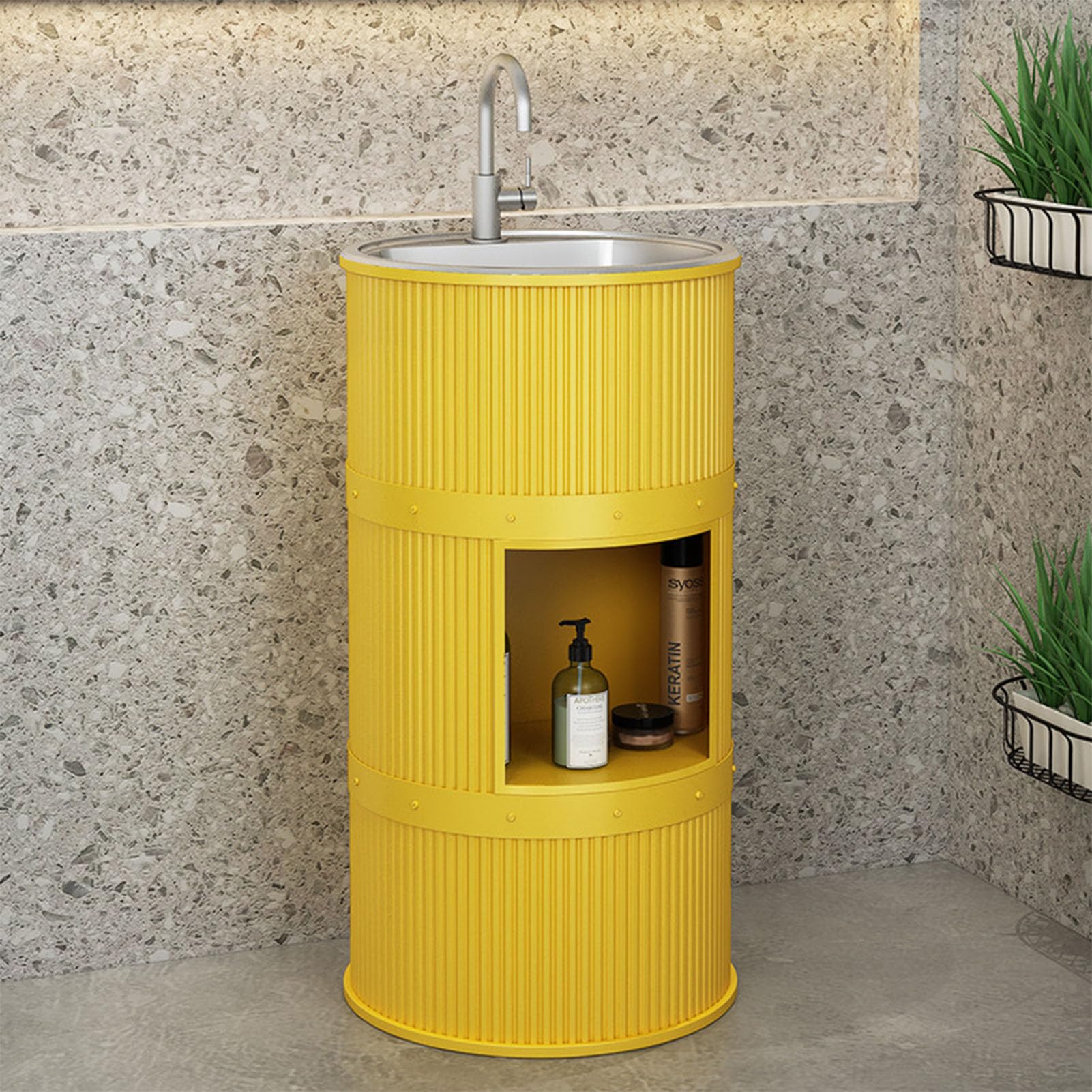 Lavandino a Colonna Moderno in Ferro Battuto, Mobile da Bagno con Lavabo in Acciaio Inox, Lavandino su Piedistallo Freestanding Set con Rubinetto e Scarico (con contenitore,Giallo)