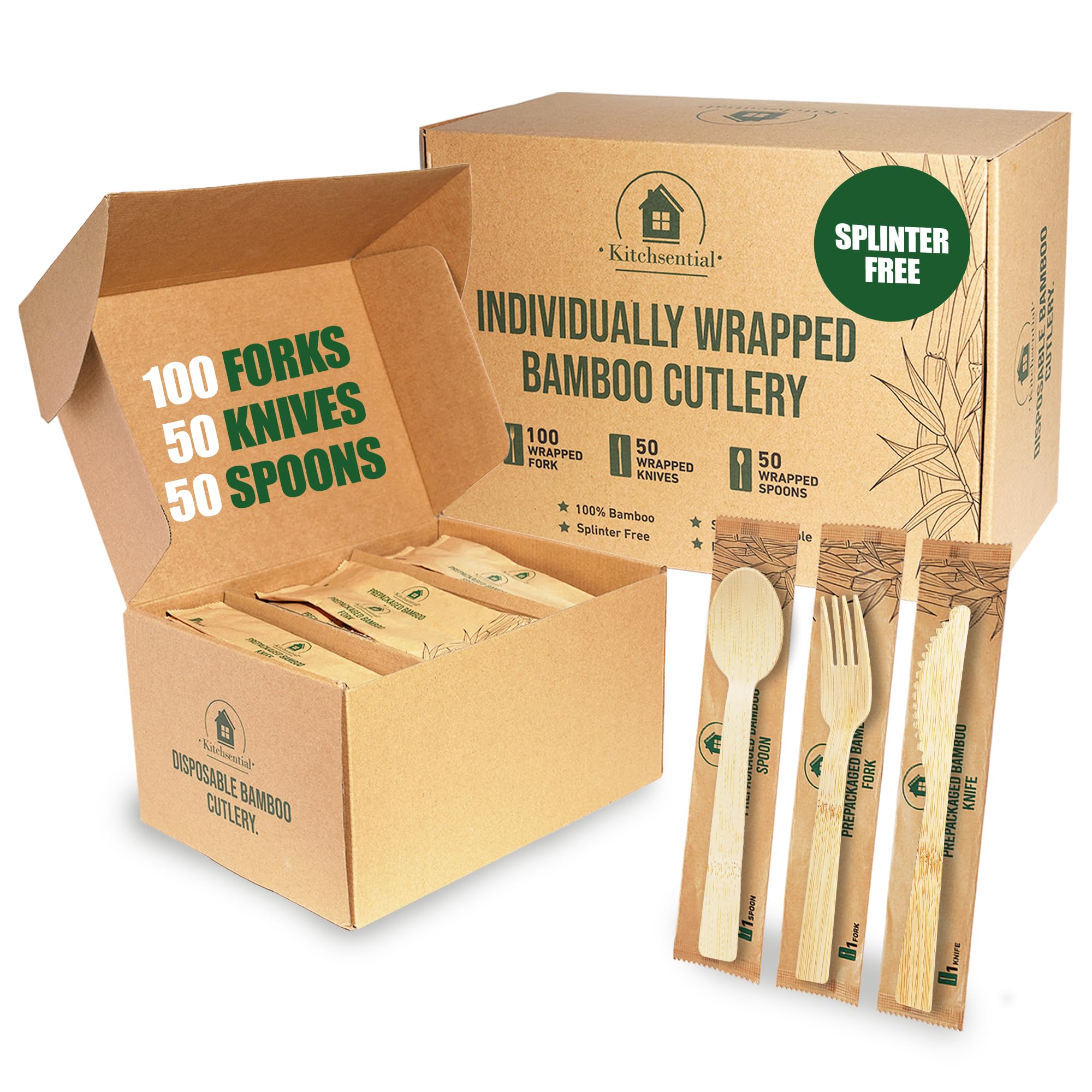 Bamboo Cutlery Set 200 Pcs Individually Wrapped Utensils (100 Forks, 50 Spoons, 50 Knives) Disposable Bamboo Flatware Set