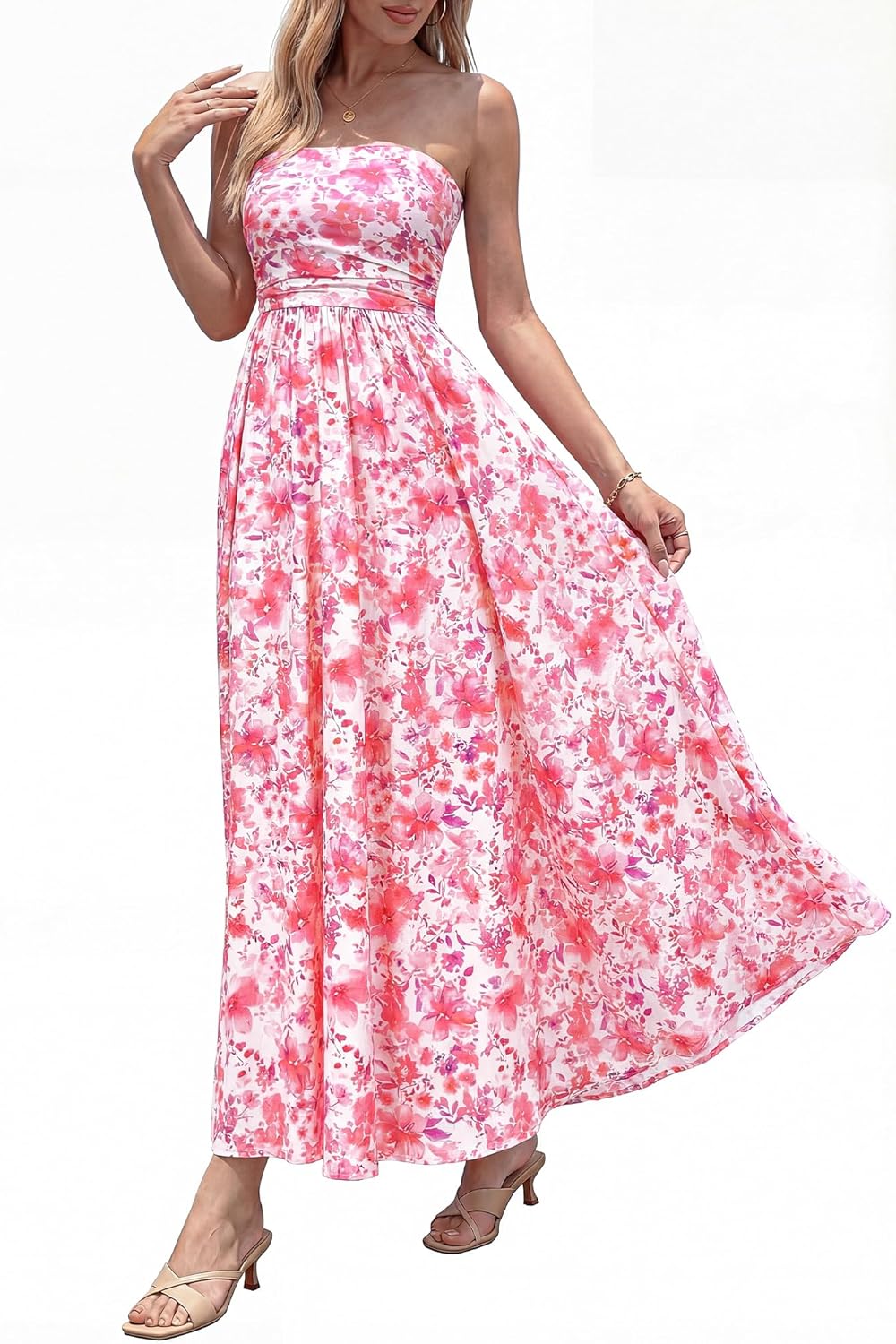 BTFBM Summer Maxi Dresses for Women 2026 Strapless Tube Top Floral Spring Wedding Guest Dress Beach Vacation Outfits