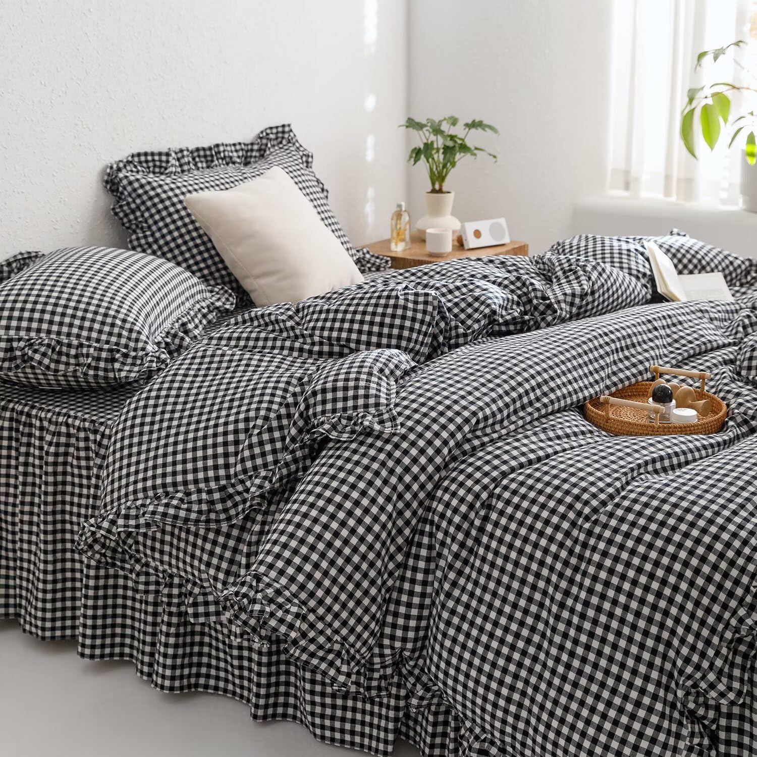 mixinni Black White Gingham Ruffle Duvet Cover Twin Size 3 Pieces – 100% Washed Cotton, Vintage Plaid Ruffled Bedding Set with Zipper Ties, Soft Checkered Grid Farmhouse Chic Comforter Cover Set