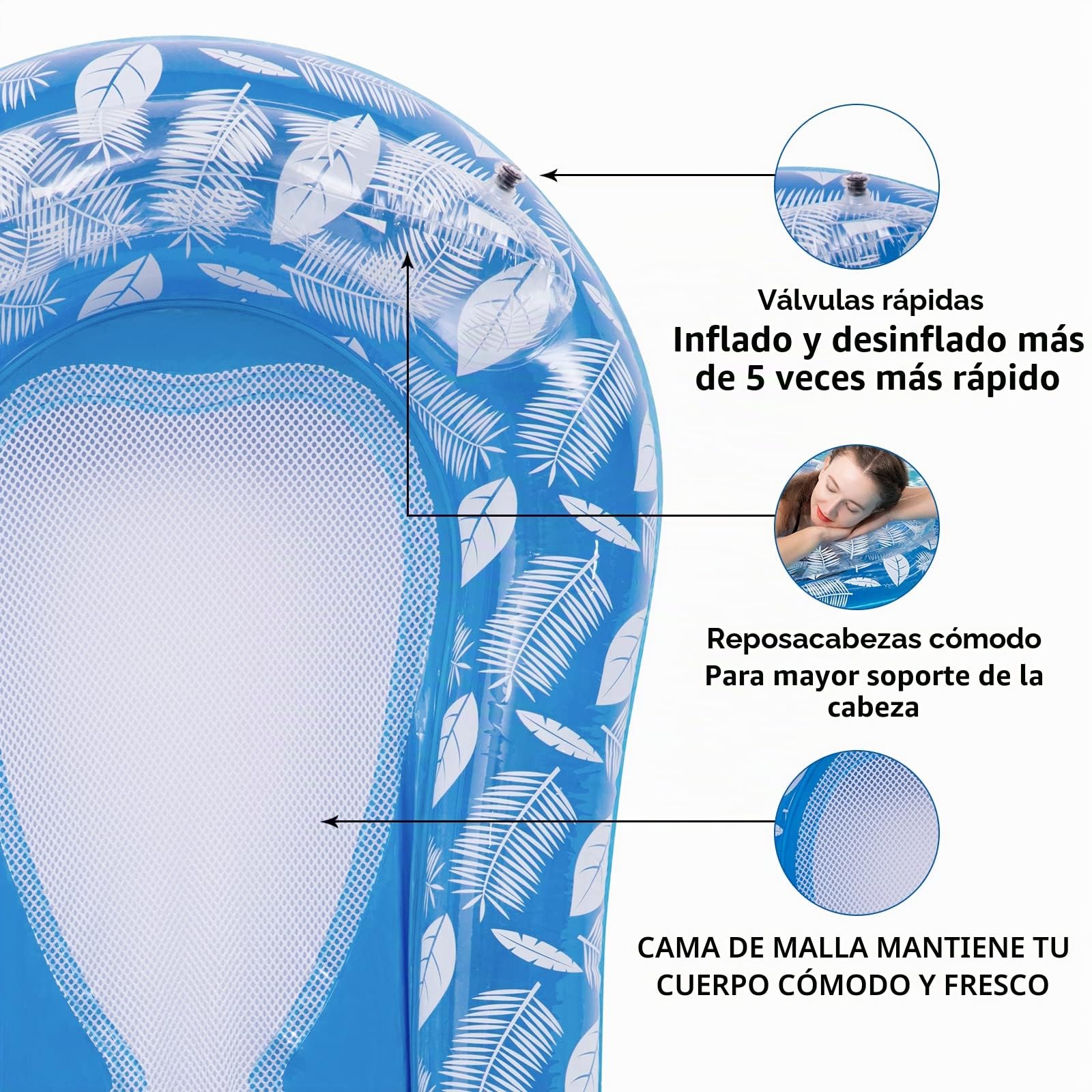 Hamaca Flotante Piscina Colchoneta de Agua para Adultos Inflable Tumbona Hinchable Flotador con Eposacabezas y Red | Inflable, Con red y reposacabezas, Silla de salón flotante, Cama de agua, Juguete de la piscina