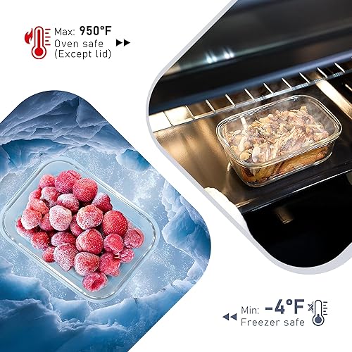 Miniatura 4 de Paquete de 10 recipientes de vidrio para almacenamiento de alimentos con tapas templadas, borosilicato, herméticos, aptos para horno (-4°F ~ 950°F),