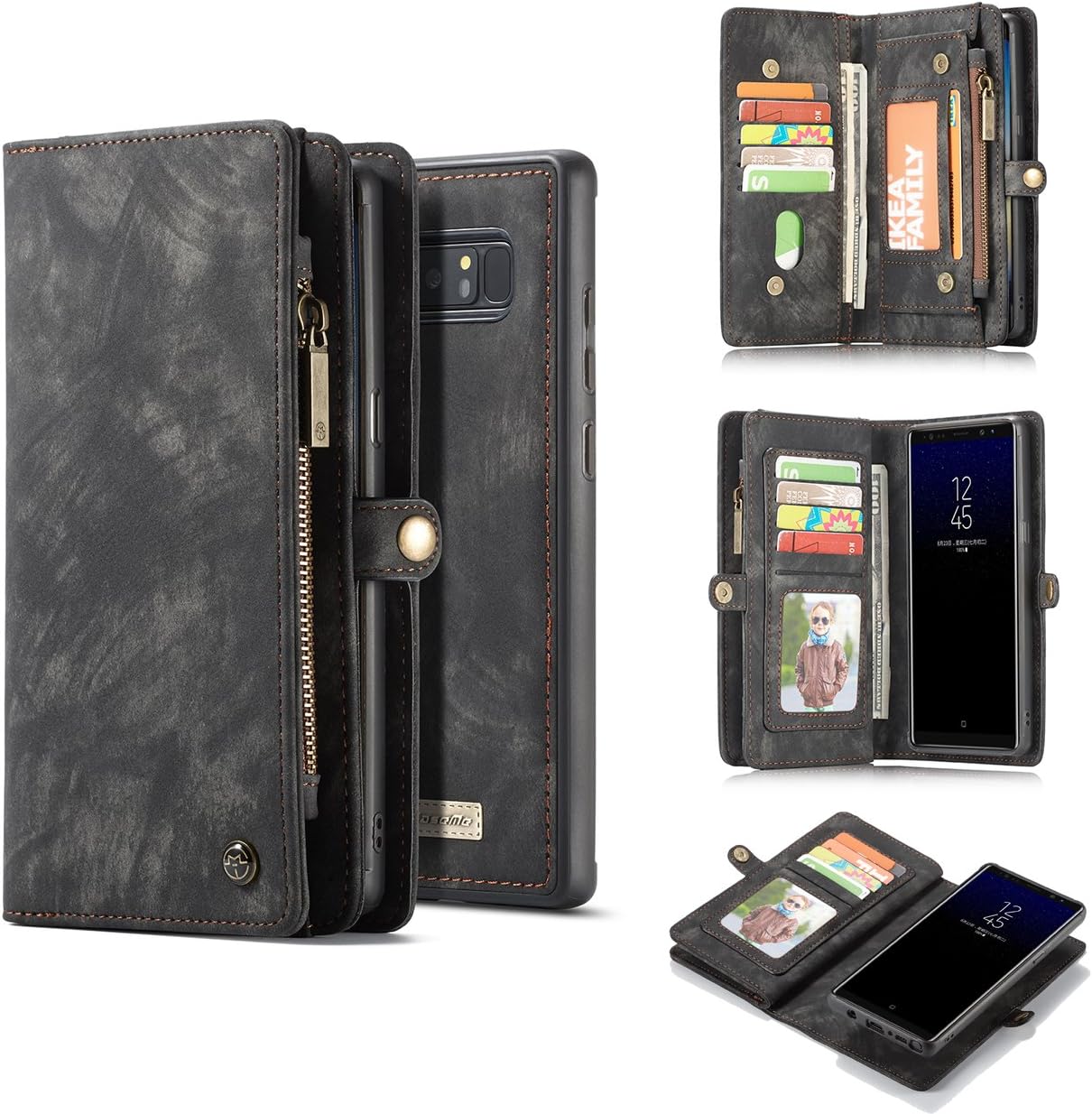 Galaxy Note 8 Case,AKHVRS Handmade Premium Cowhide Leather Wallet Case,Zipper Wallet Case [Magnetic Closure]Detachable Magnetic Case & Card Slots for Samsung Galaxy Note 8 - Black