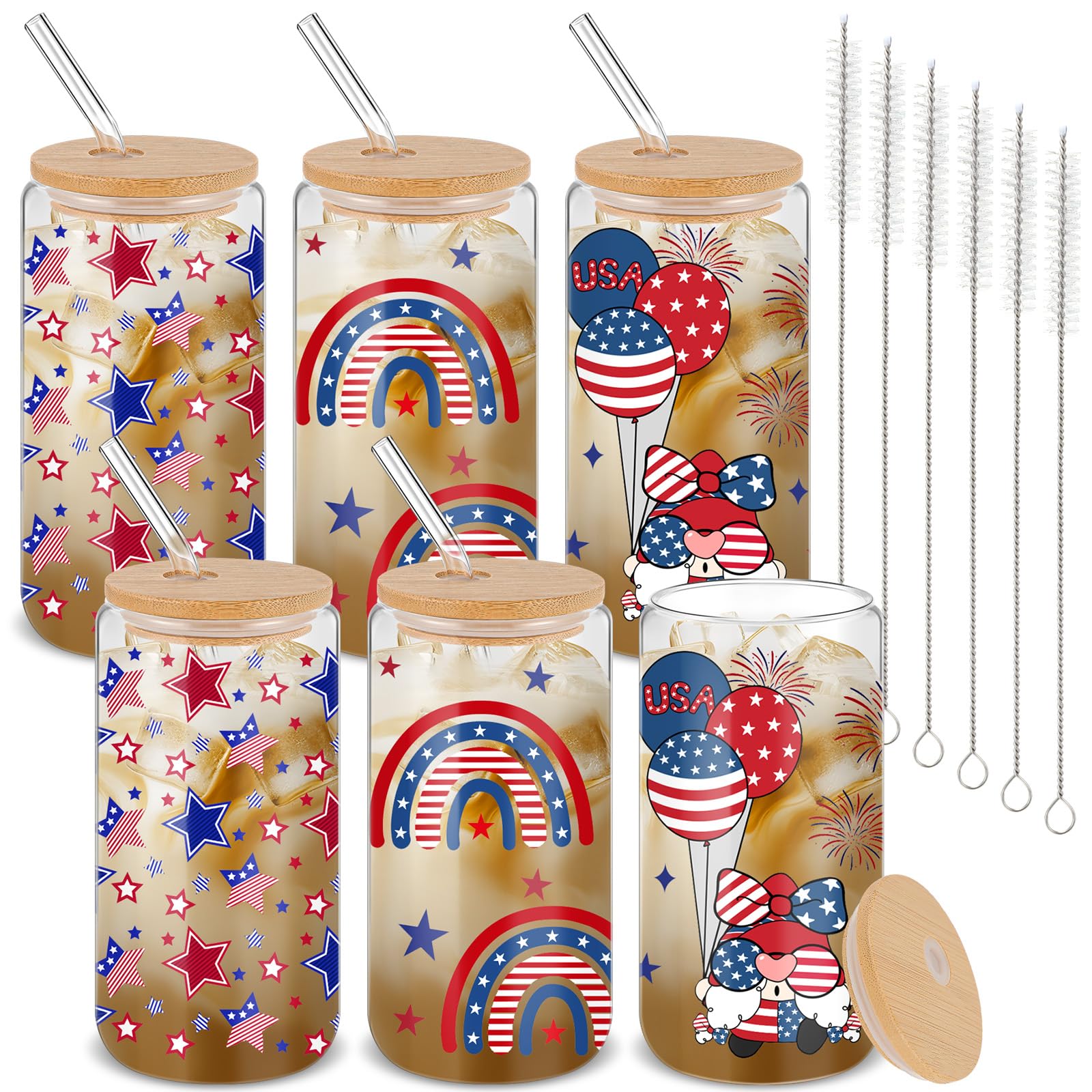Yetene 6 Pcs Veterans Day Drinking Cup Glasses with Bamboo Lids Straw Memorial Day Gift 16 oz Glass Tumbler Can Military Appreciation Coffee Cups for