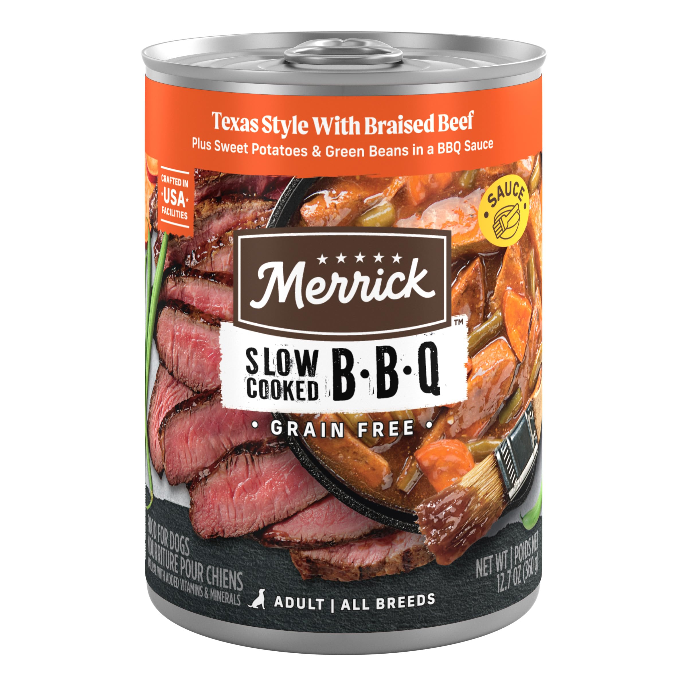 Merrick Slow-Cooked BBQ Premium Healthy Real Meat Grain Free Canned Dog Food, Texas Style With Braised Beef - (Pack of 12) 12.7 oz. Cans