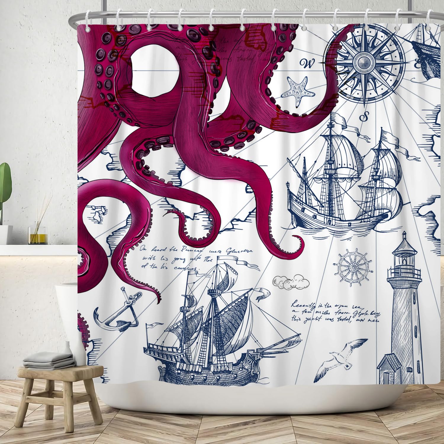 ASDCXZ Maritim Shower Curtain 90x180 cm, Rose Red Octopus Anchor Compass Sailboats Navigation Blue Bath Washable Shower Curtains Polyester Textile Waterproof Shower Curtain for Bathtub with 6 Hooks โ image 1