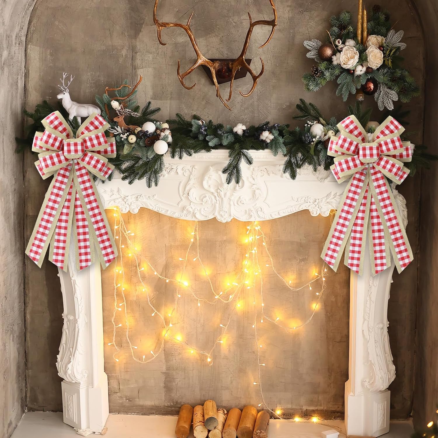 Festival Wreath Bows for Front Door, Red White Buffalo Plaid Ribbon Bowknot Farmhouse Craft Bows Accessories for Wreath Tree Home Decorations