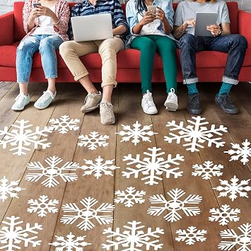 ReliThick 30 Pcs Snowflake Floor Decal Winter Snowflake Floor Sticker Removable Window Cling Christmas Self Adhesive Wall Decal for Xmas Decor Winter Party SupplyWhite