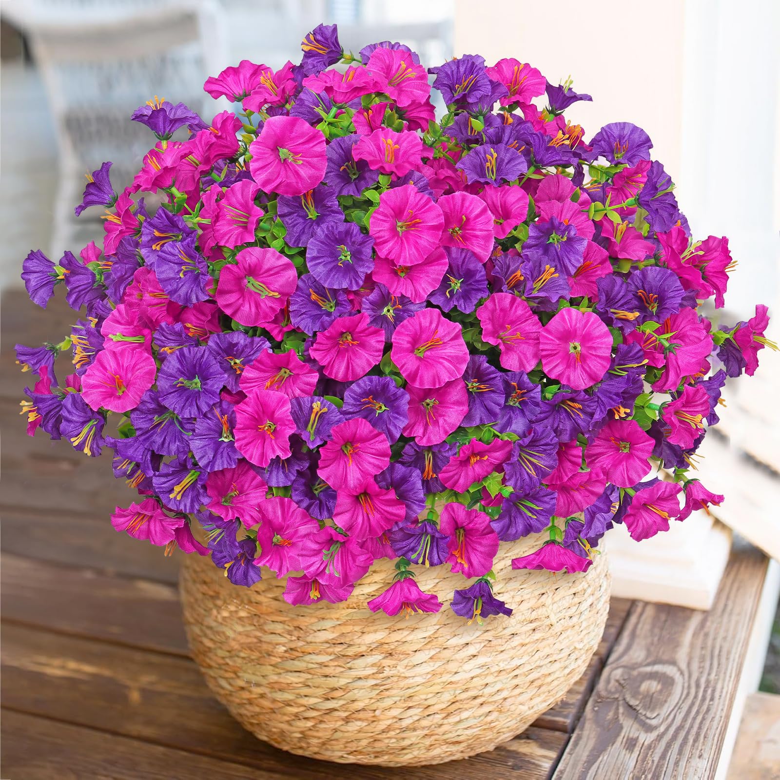 Weldomcor 10 Bundles Outdoor Artificial Flowers UV Resistant Artificial Morning Glory Shrubs Greenery Artificial Plants for Hanging Planter Home Kitchen Garden Porch Window Box Decor (Purple Fuchsia)