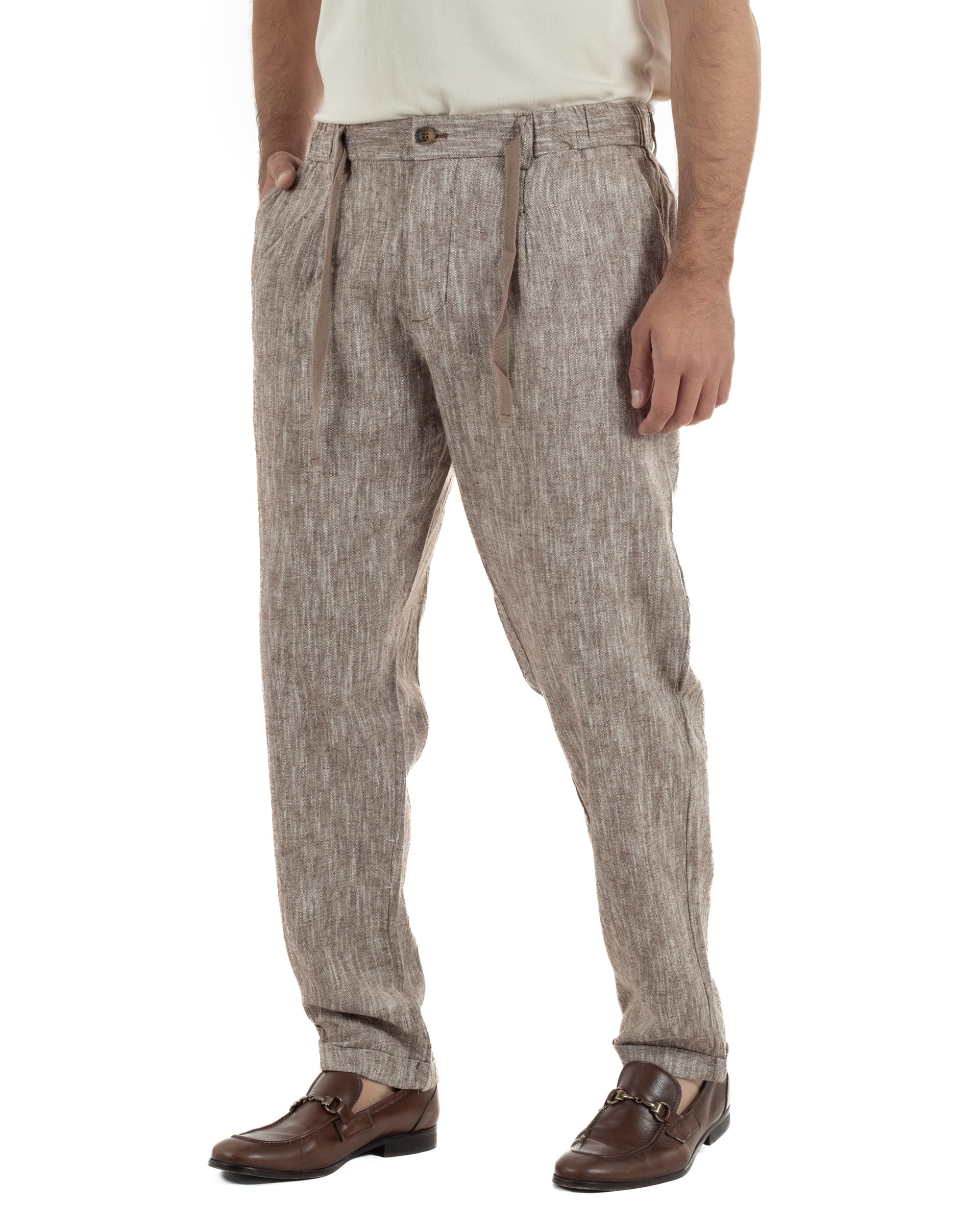 Pantaloni Pantalaccio Uomo Lino Sartoriale Elegante Estivo Coulisse Pinces Melangiato Vari Colori
