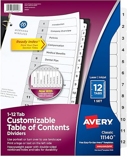 Avery Separadores de 12 pestañas para carpetas de 3 anillas, tabla de contenido personalizable, pestañas blancas clásicas, 1 juego (11140)