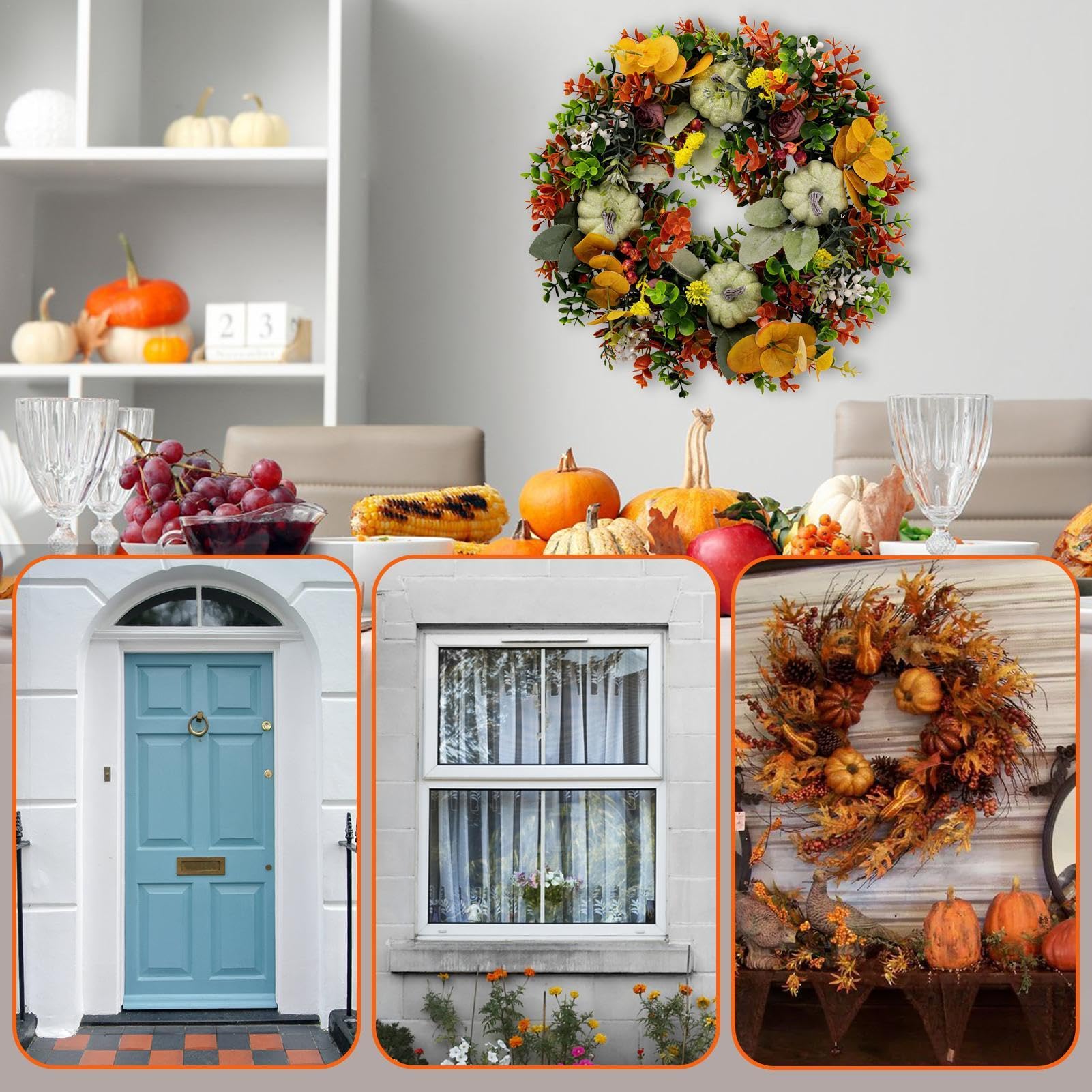 Ghirlanda Autunnale Con Peonie, Bacche E Eucalipto – Diametro 61 Cm Con Cartello Benvenuto In Legno Per Porta - 3