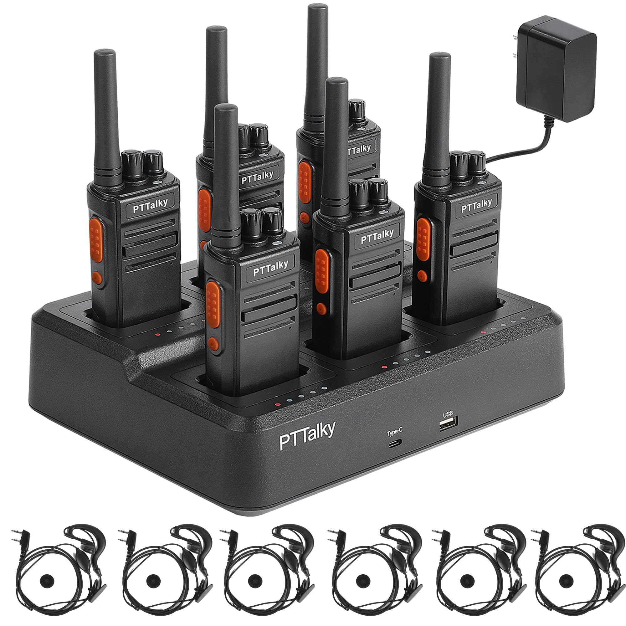 PTTalky Walkie Talkies with 6-Way Charger, Long Range Walkie Talkies, USB-C Charging, VOX, with Earpieces, FR1 2 Way Radios for Business School Warehouse - 1