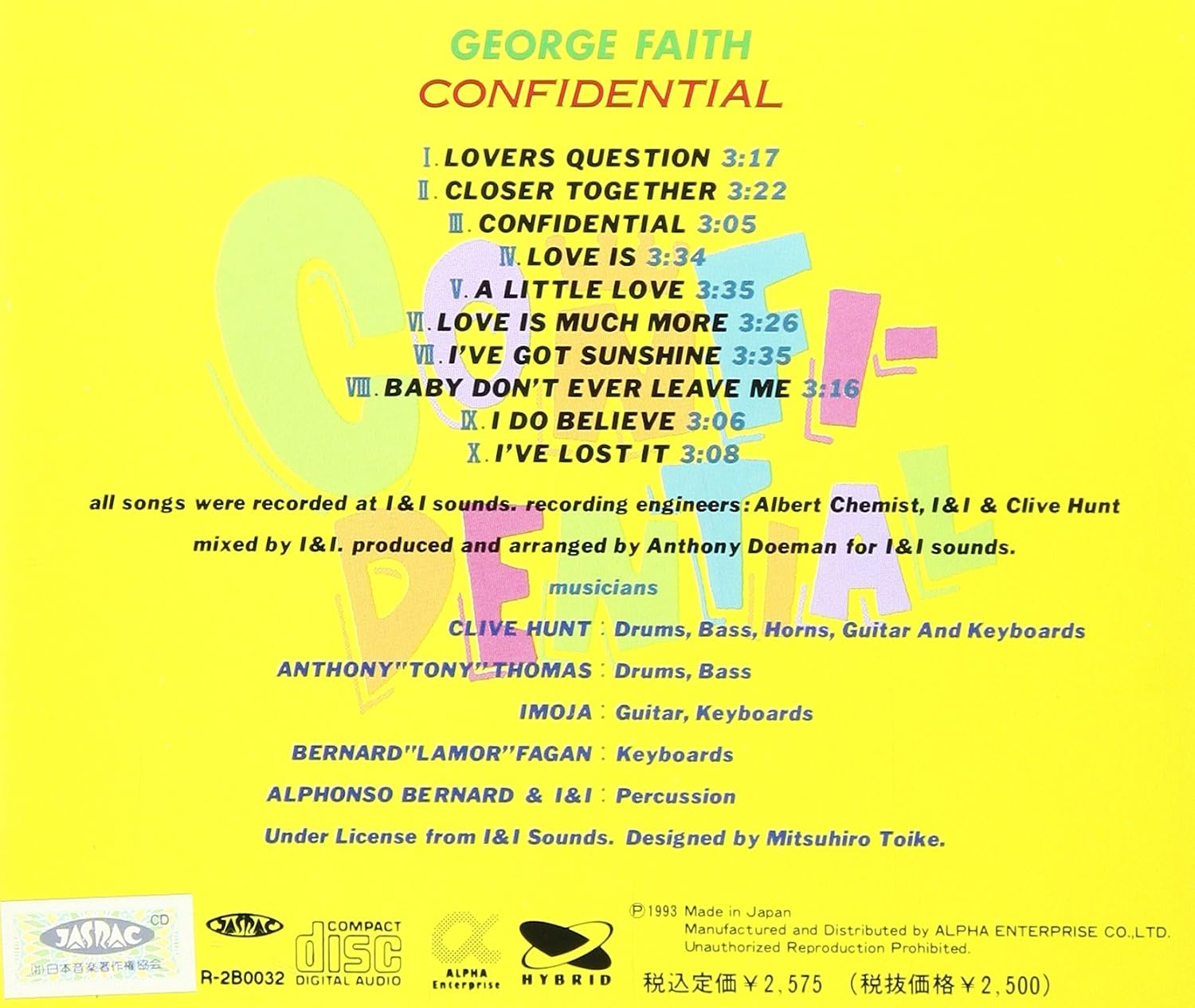 GEORGE FAITH - Confidential - Disque CD