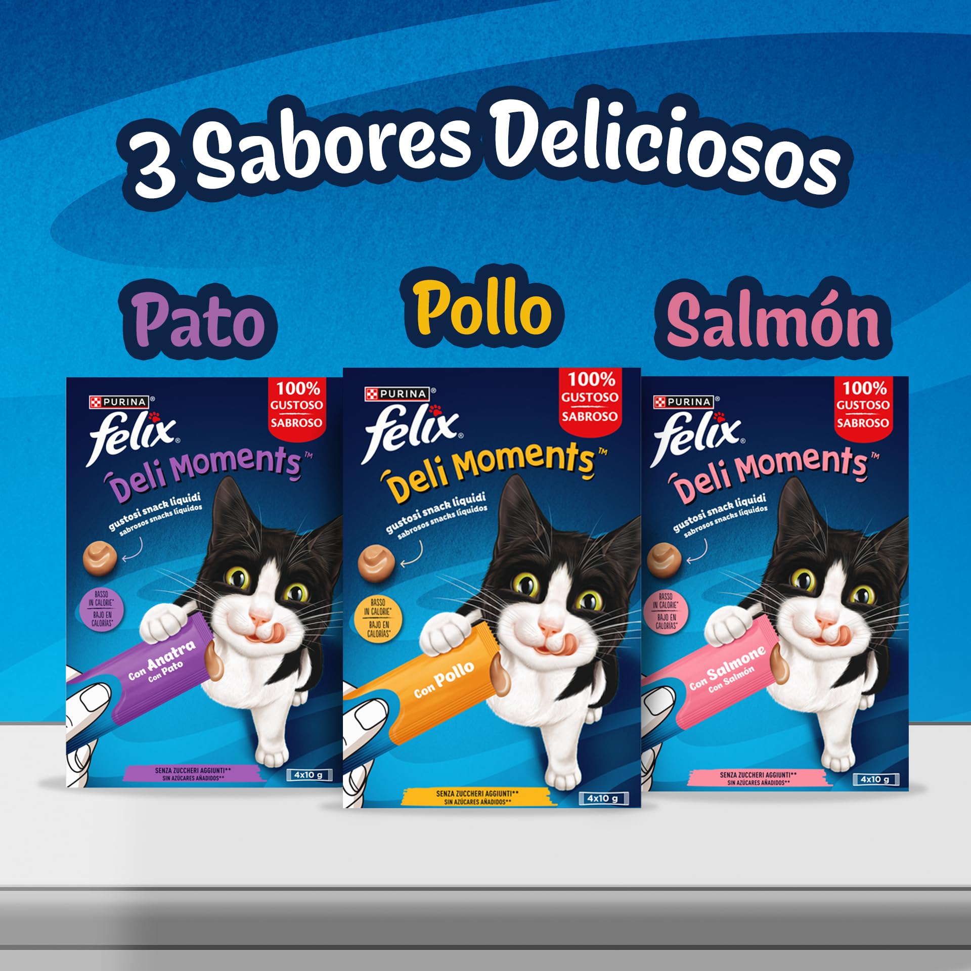 Purina Felix DeliMoments, Snack líquido, Premio para Gato con Salmón, 11 Paquetes de 4 Sobres de 10g