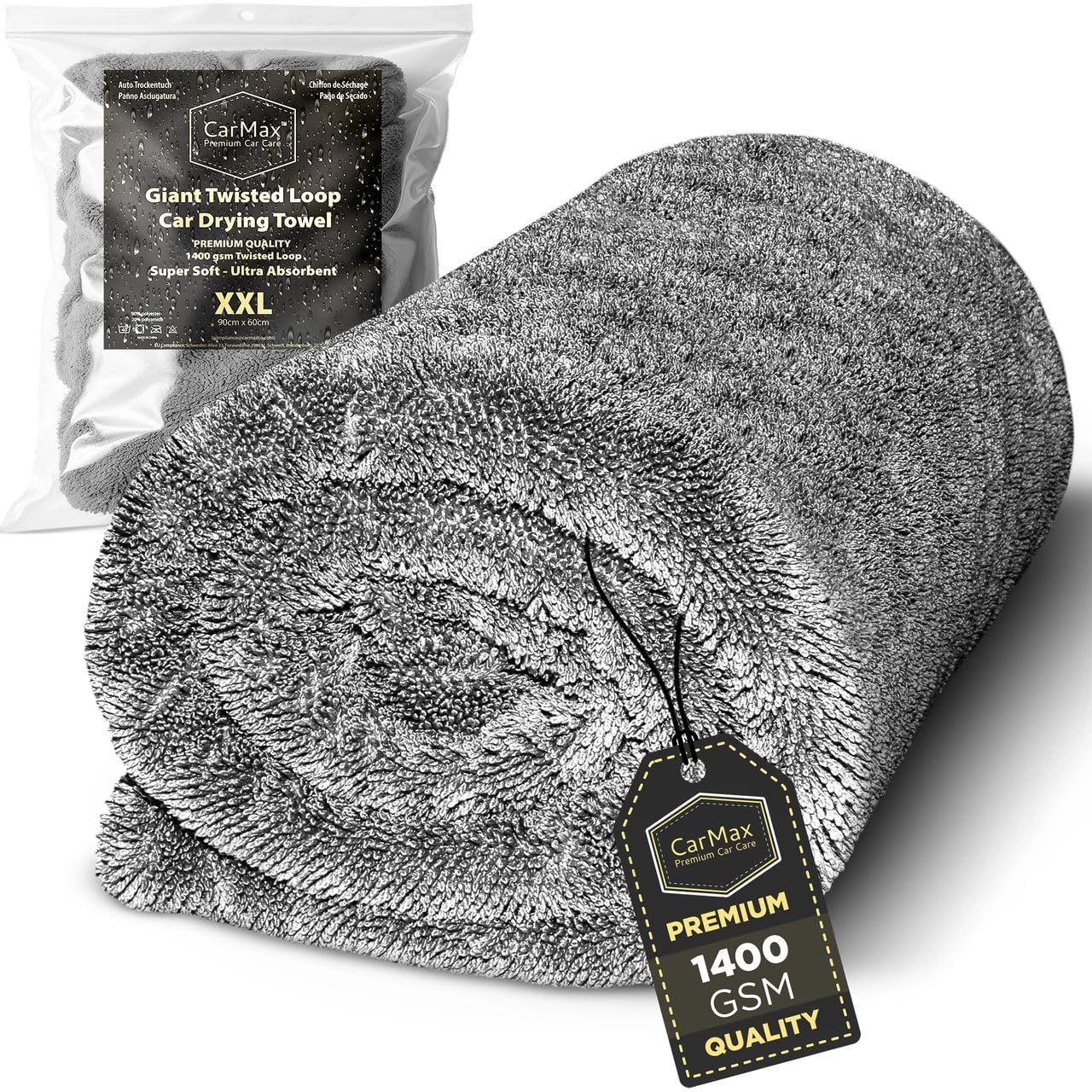 Giant Twisted Loop Drying Towel - Double-Sided XXL - 90cm x 60cm 1400gsm Microfibre Towel for fast streak-free drying and detailing.