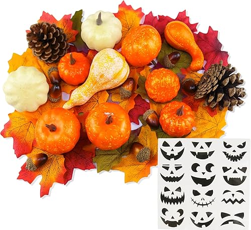 Decoraciones de otoño de calabazas para el hogar juego de 50 mini calabazas de plástico que incluye hojas falsas, bellotas, piñas, calabazas para