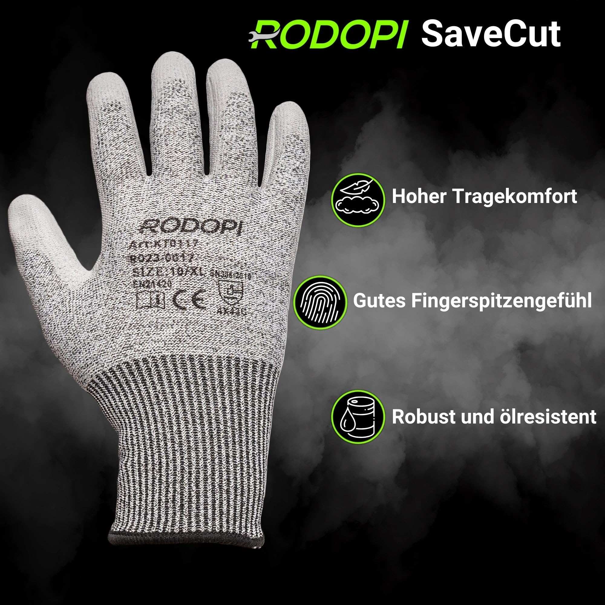 RODOPI Arbeitshandschuhe SaveCut für Herren und Damen PU beschichtet Schnittschutzhandschuhe grau Gartenhandschuhe dornenfest Montagehandschuhe EN 388