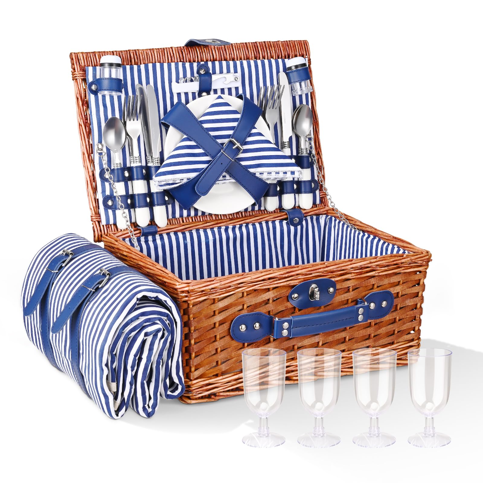 Cestino Picnic,Cesto Picnic Vimini Coperta Impermeabile e Set di Posate, Set Pic Nic 4 Persone per Campeggio, Cestino Pic Nic Vimini Blu perCampeggio, Attività all'aperto, Feste, Spiaggia(blu)