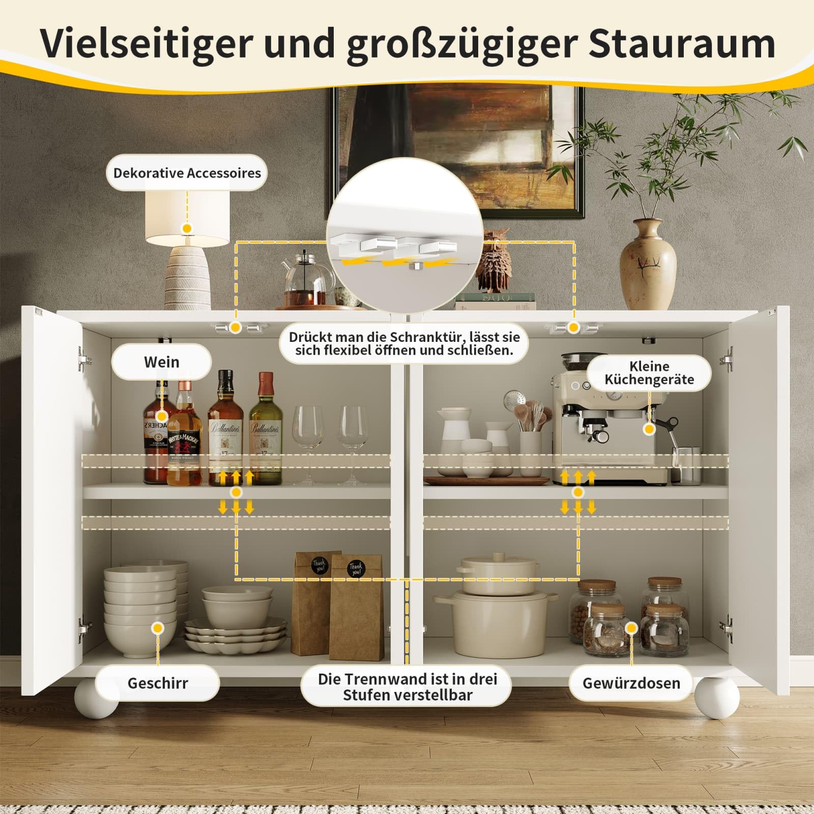 Meubles de Rangement pour Salon,Buffet Salle a Manger avec 4 Portes et étagères réglables,Armoire Polyvalente pour Cuisine Salon Chambre,120x35x71cm