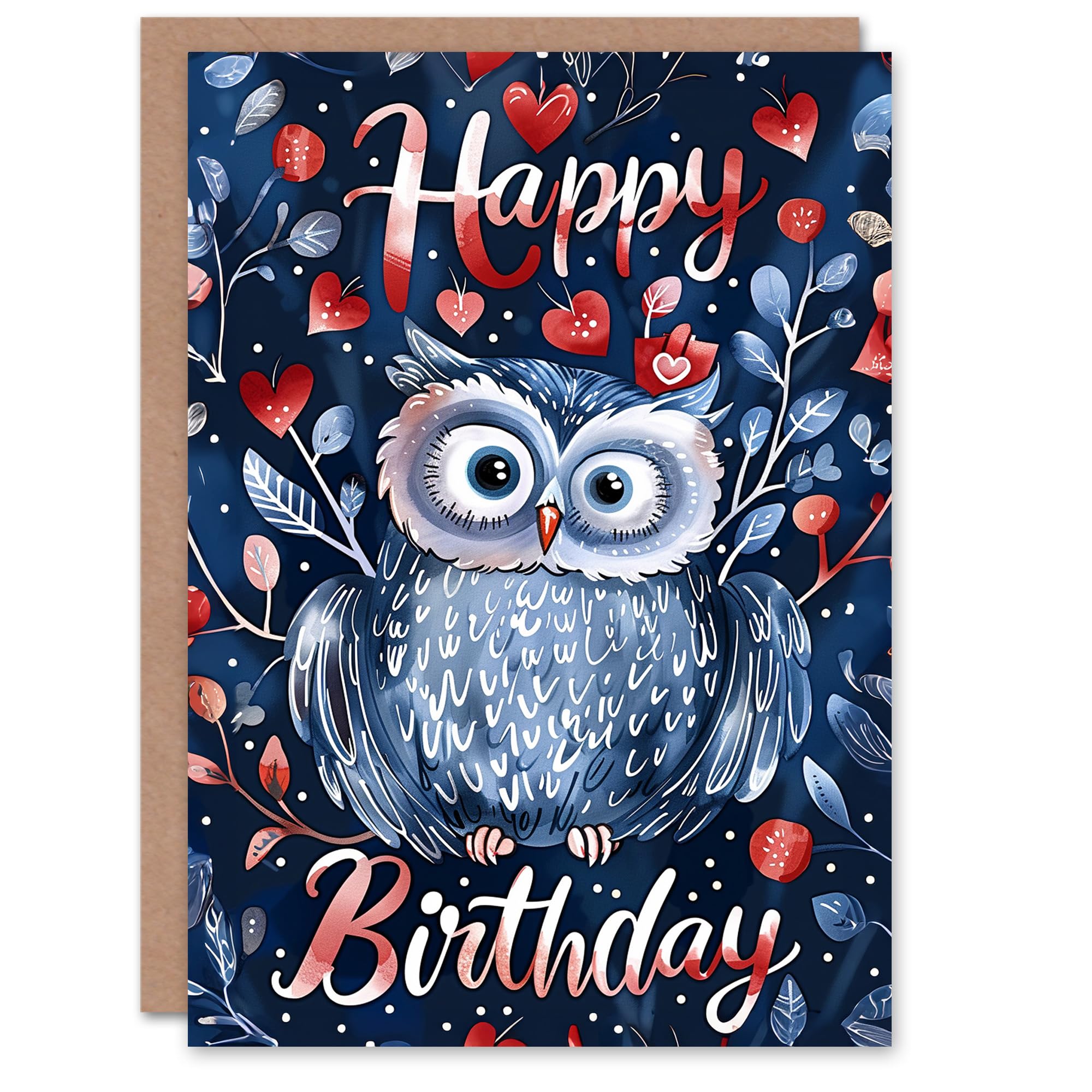 Artery8 Greeting Card - Blue Owl Red Love Hearts Design
