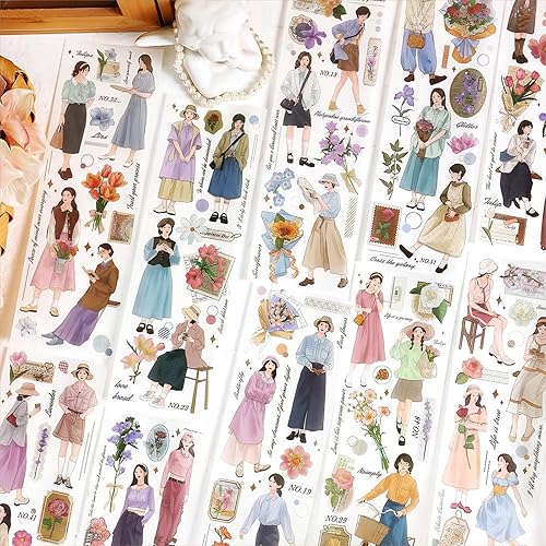 Dwpetzo Calcomanías para álbumes de recortes para diario de viñetas, 24 hojas Morandi Girls Flowers Retro Aesthetic Stickers Set de calcomanías para