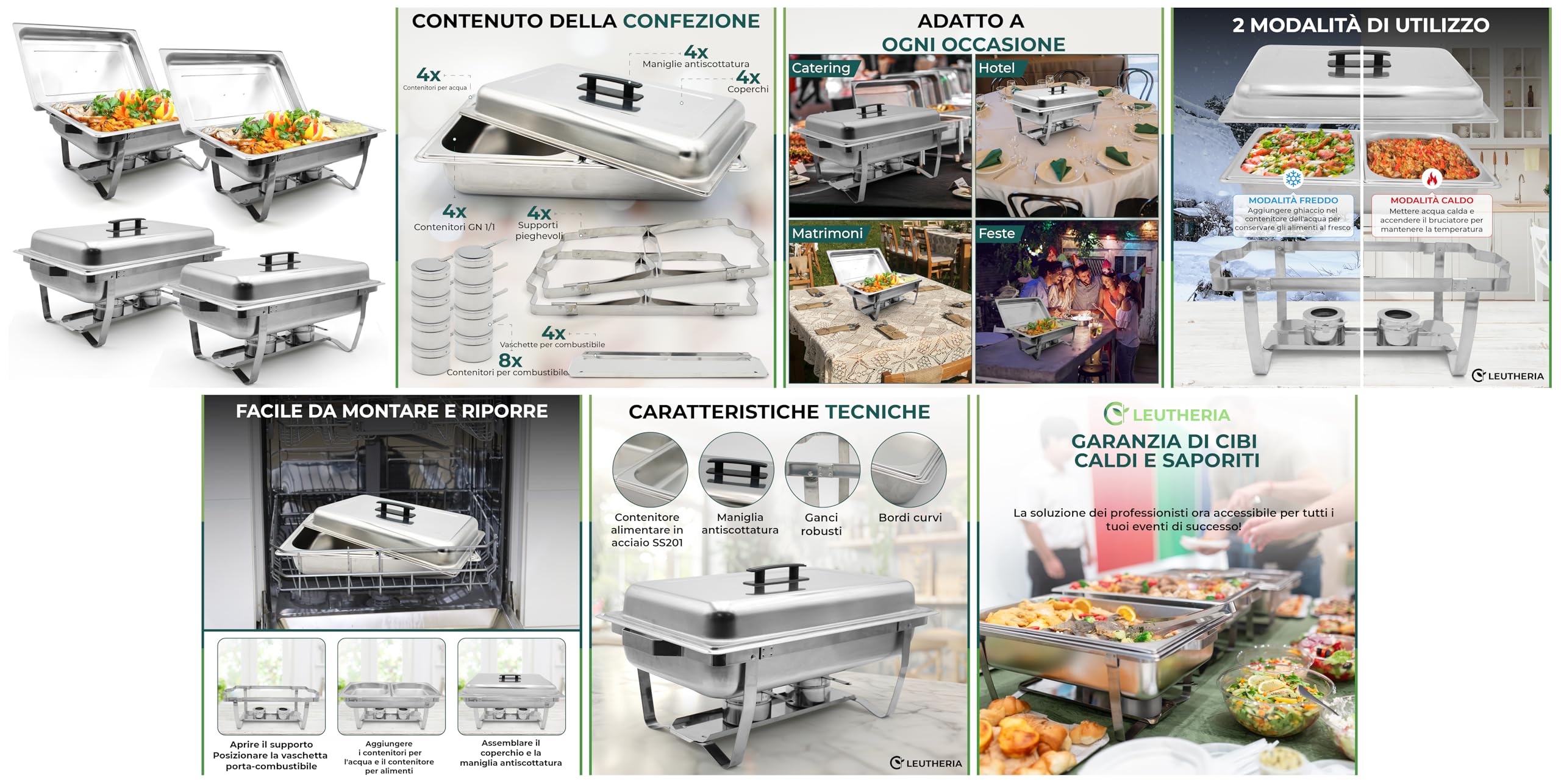 Set 4 Scaldavivande LEUTHERIA - Chafing dish professionale in acciaio inox alimentare SS201 per buffet/bagnomaria professionale/mantenimento caldo/catering/hotel/ristorante - 9L capacità