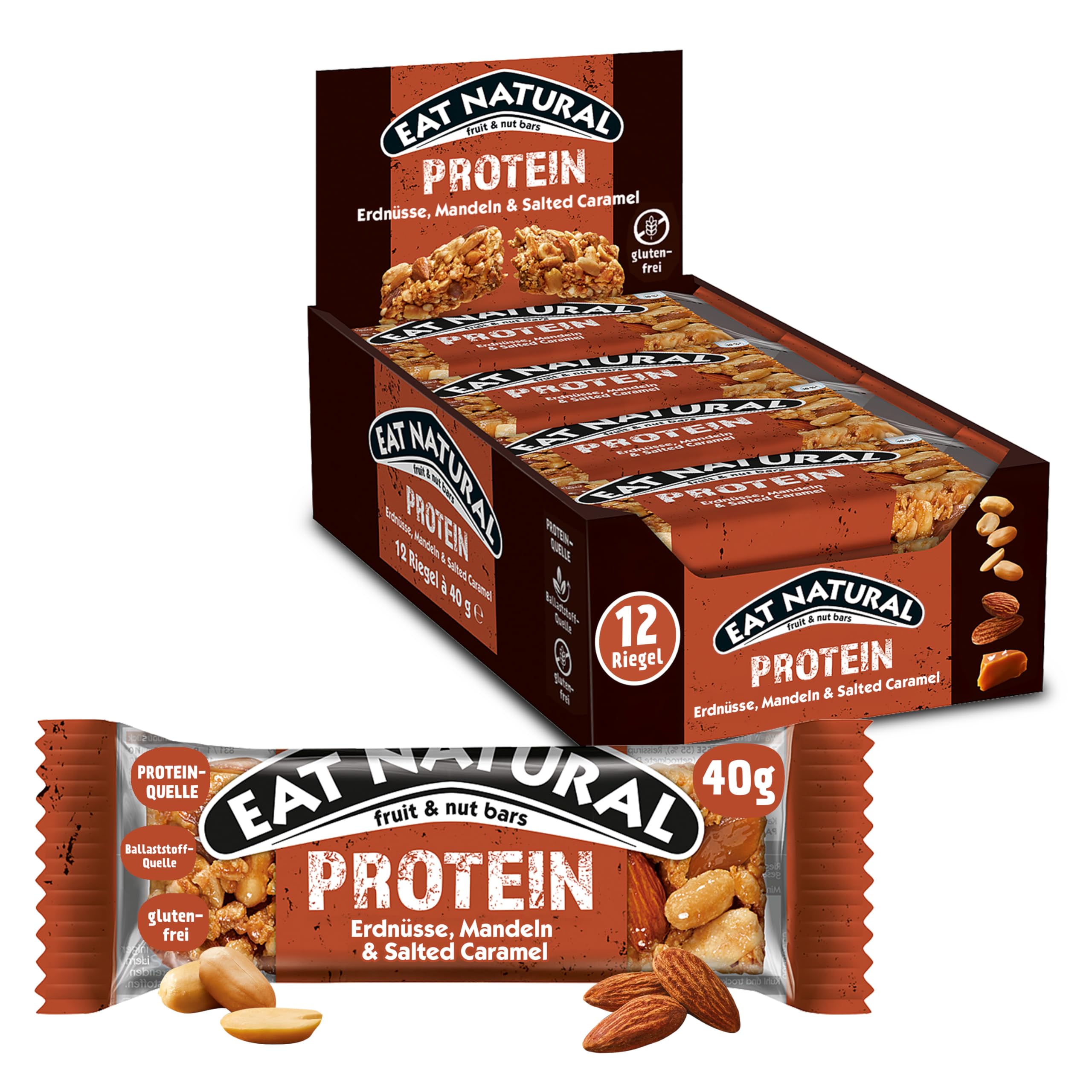 Eat Natural Frucht- & Nussriegel - Protein Erdnüsse, Mandeln & Salzkaramell - Proteinquelle, glutenfreier Snack - Perfekt für unterwegs. - 12x40 g