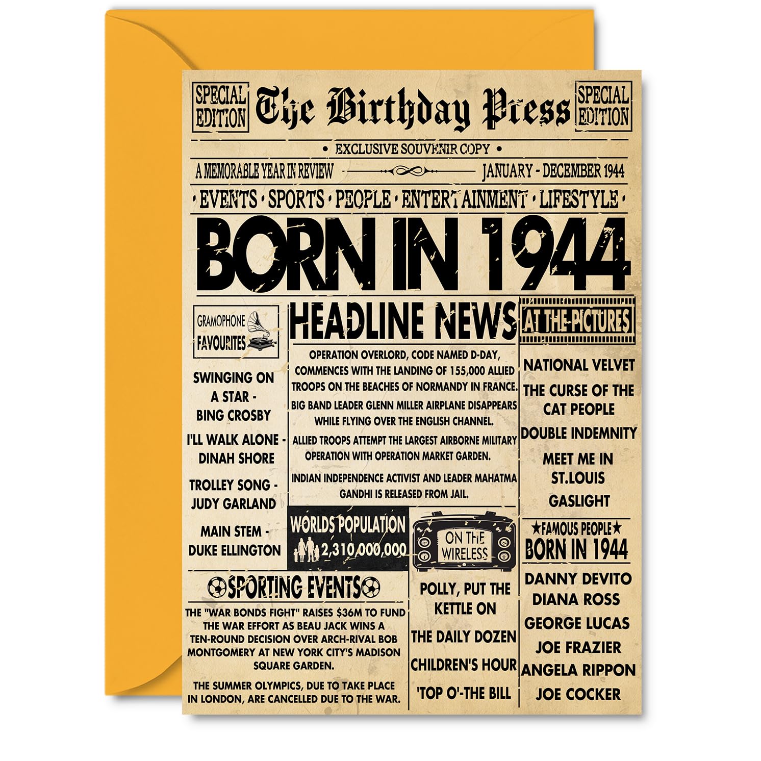 82nd Birthday Card for Men Women - Bday Press Newspaper 1944 - Happy 82 Birthday Cards for Auntie Nanny Nan Grandma Grandad Husband, A5 Bday Greeting Cards