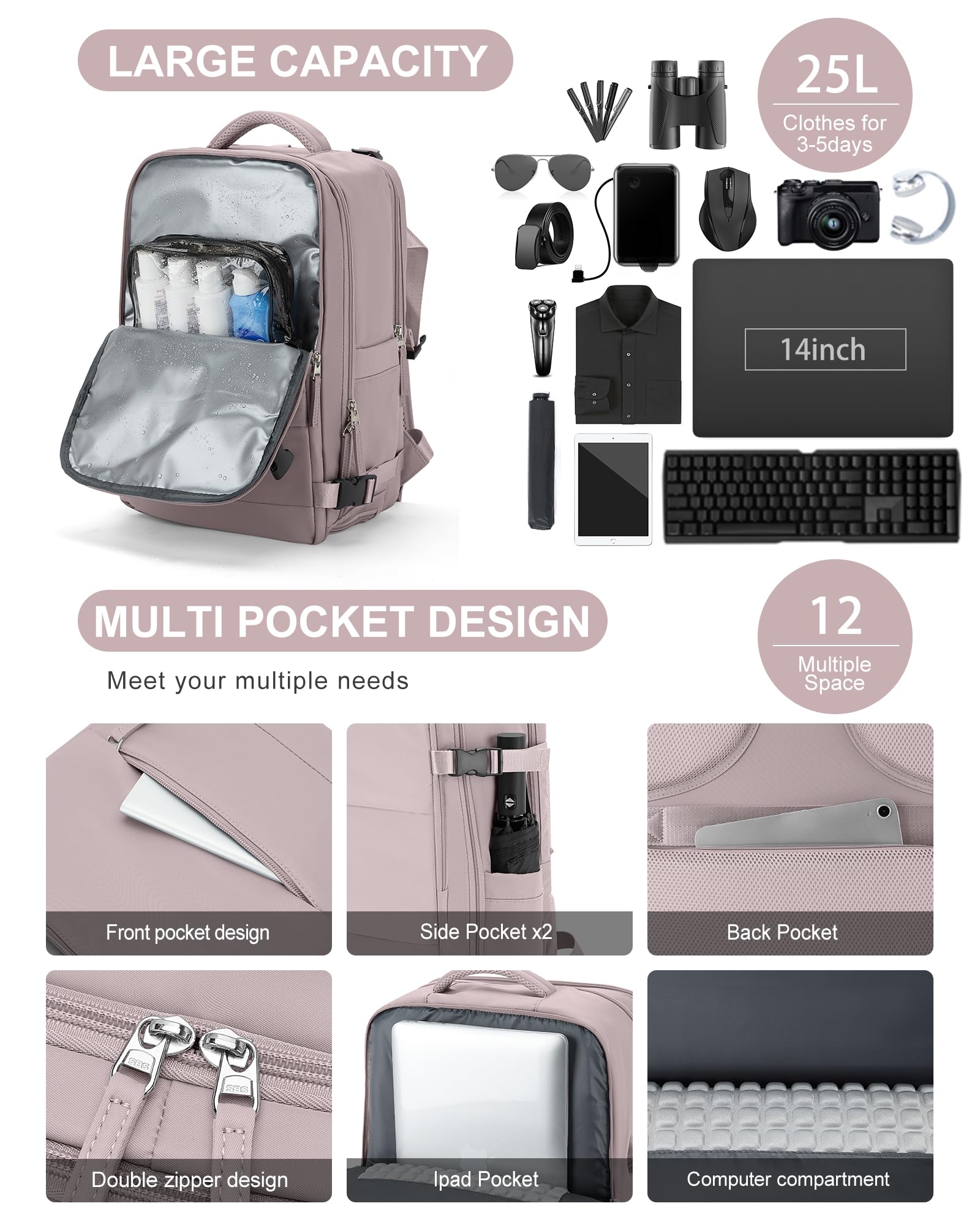 BJLFS Borse da Cabina per Ryanair 40x20x25 Bagaglio a Mano Zaino Borsa Zaino da Viaggio, Zaino da trekking,Zaino Easyjet 45x36x20,Zaino Casual per laptop da 14 pollici per scuola