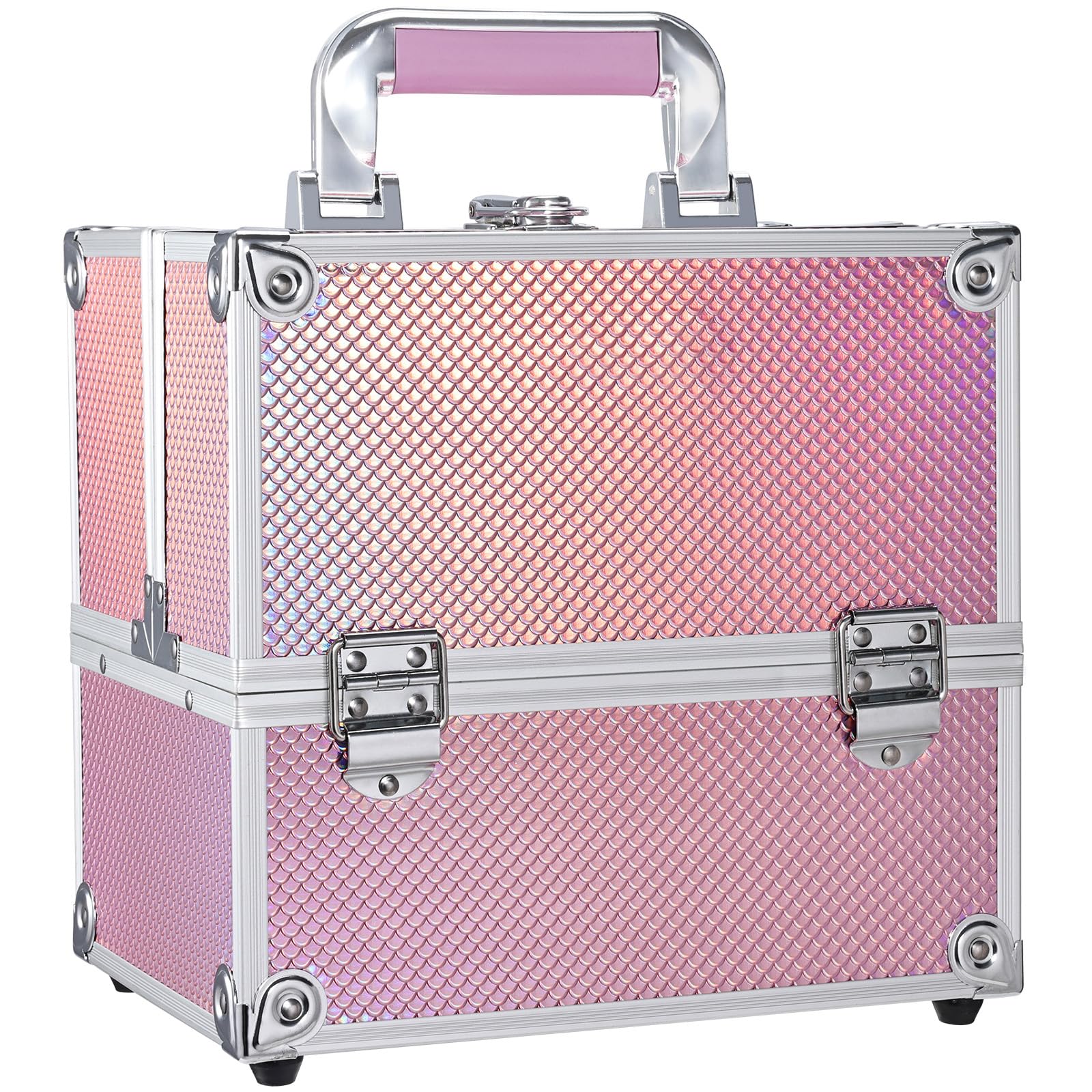 Maletín Maquillaje Maletín Cosméticos Maleta de Makeup Case y 4 Tarias Estuche Maquillaje Organizador Estuche de Uñas Beauty Case de Viaje Joyero y Manicura para Mujer Profesional, Rosa