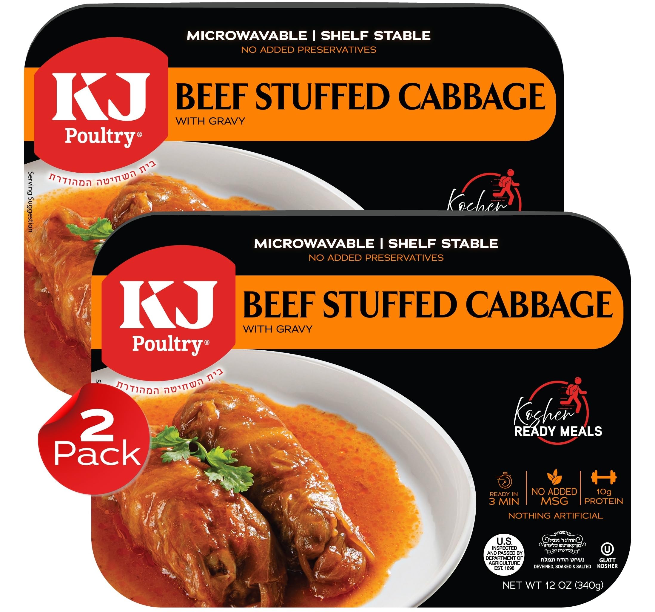 KJ Poultry Kosher Ready Meals - Beef Stuffed Cabbage Rolls, MRE Meat Meals Ready to Eat, Gluten Free (2 Pack) Prepared Entree Fully Cooked, Shelf Stable Microwave Dinner Travel Military Camping