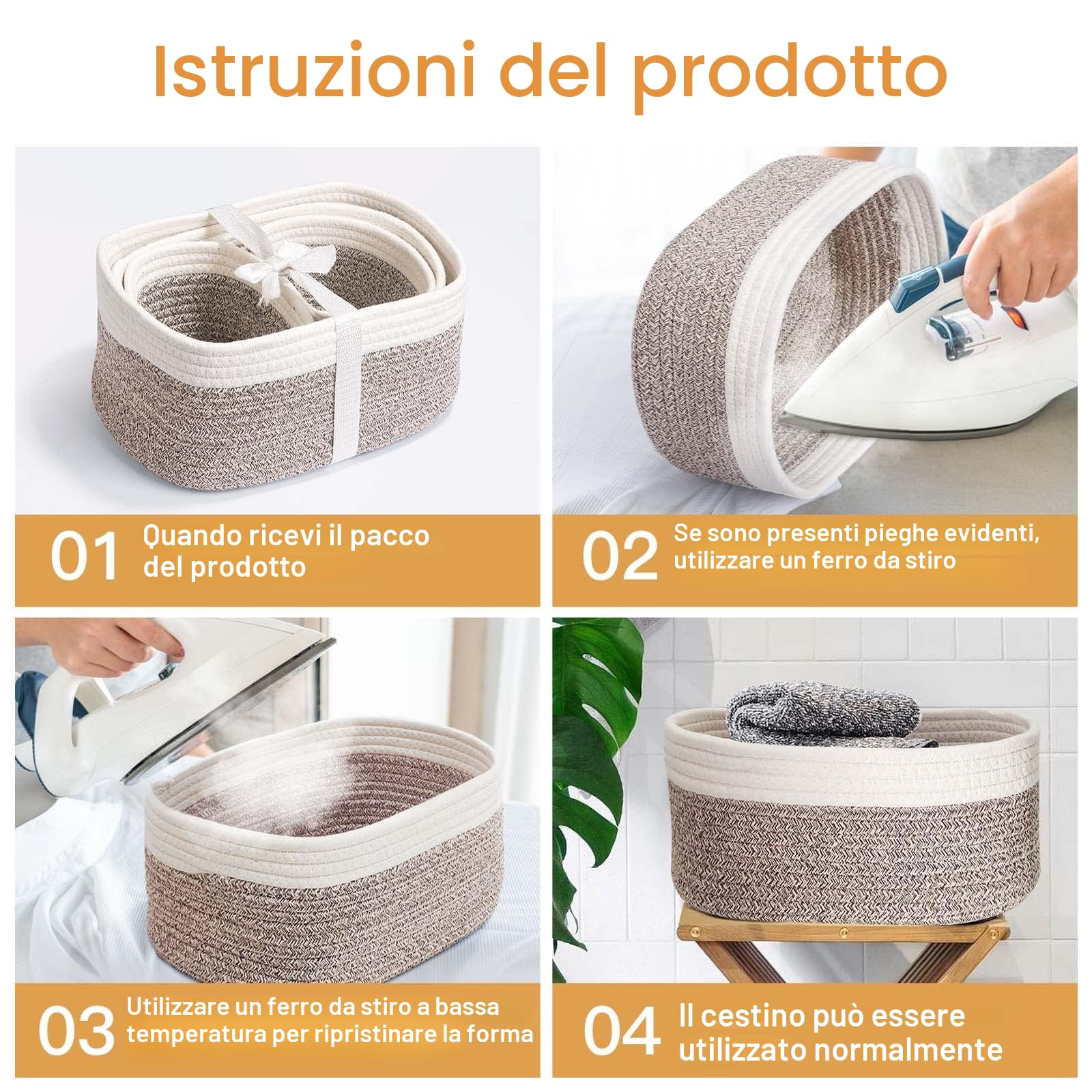 Cesto portaoggetti intrecciato in corda di cotone set da 4 pezzi per bagno fasciatoio organizer