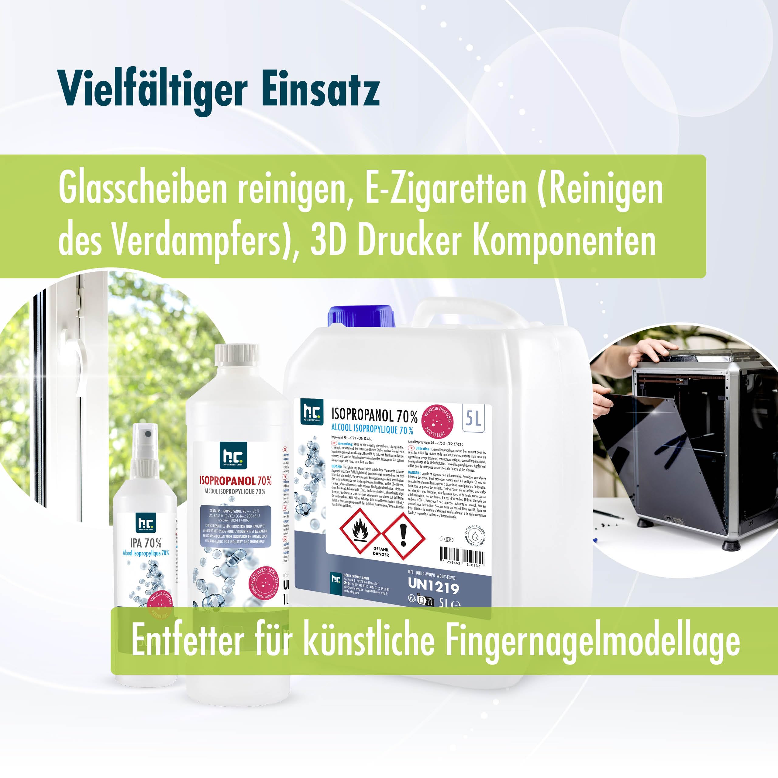 Höfer Chemie 2 x 5L Isopropanol 70% – Isopropylalkohol zum Reinigen und Entfetten von Glas, Displays, Brillen, Schallplatten und Whiteboards – IPA 70 Industriealkohol im praktischen Kanister