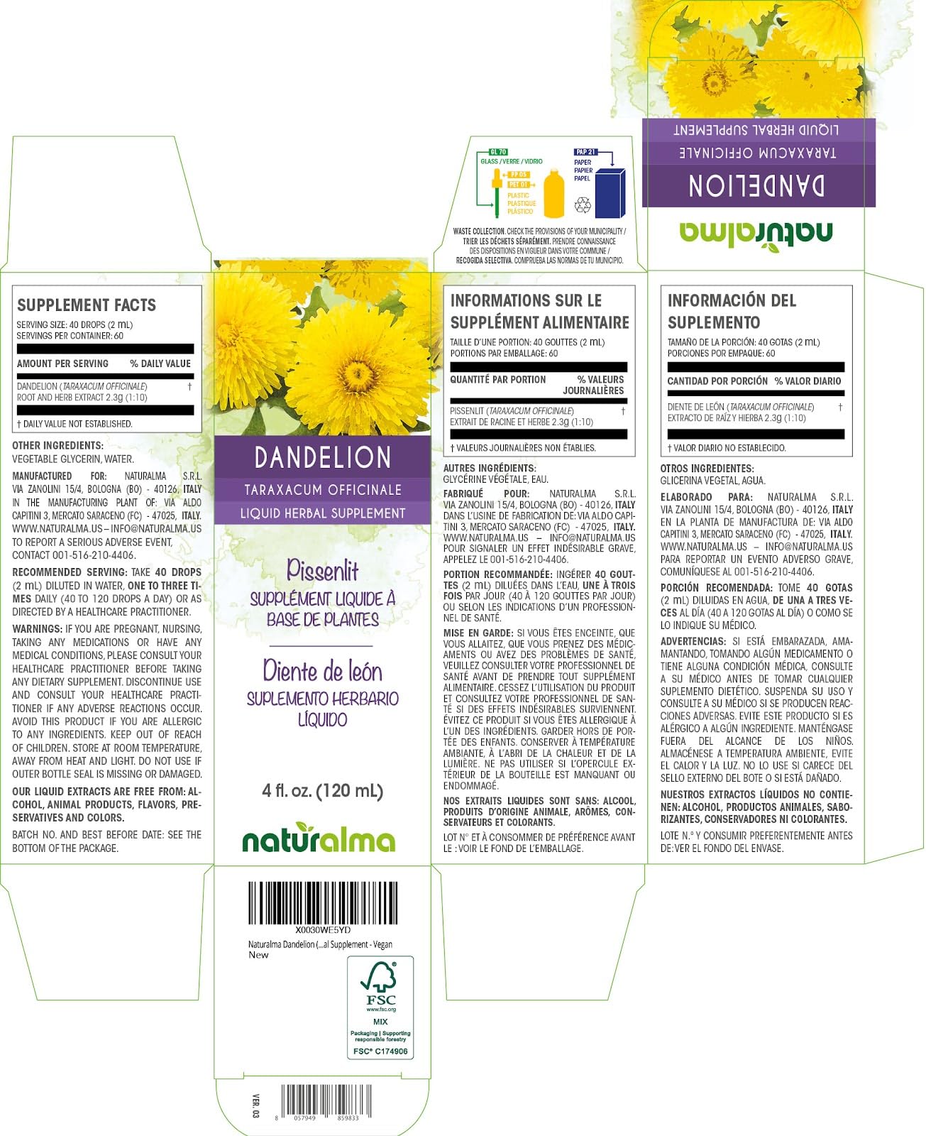 Naturalma Dandelion (Taraxacum officinale) Root and herb Alcohol-Free Tincture - 4 fl oz Liquid Extract in Drops - Herbal Supplement - Vegan — Amazon image 2