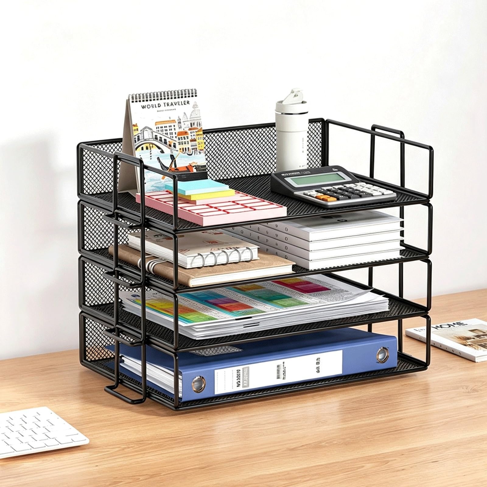 Vassoi Portadocumenti in Maglia Metallica, Organizzatore da Scrivania Impilabile per aula di studio a casa in ufficio(Black,4 tier)