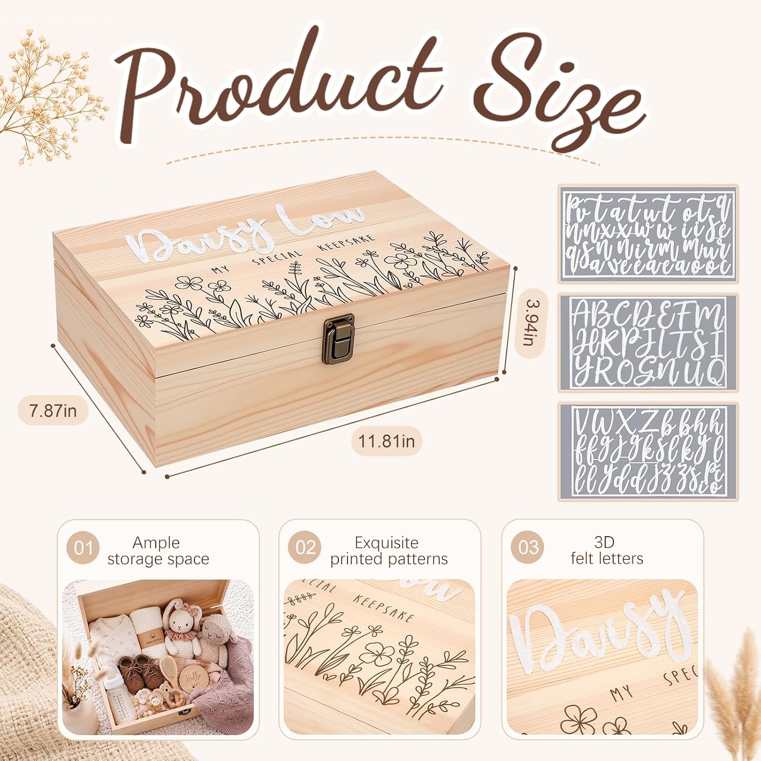 Novabright Wooden Baby Memories Keepsake Box with 3 Set Felt Letter Custom Name Baptism Gifts for Boys Girls First Keepsake Box Parent Newborn Baptismal Birthday Gift for Mementos
