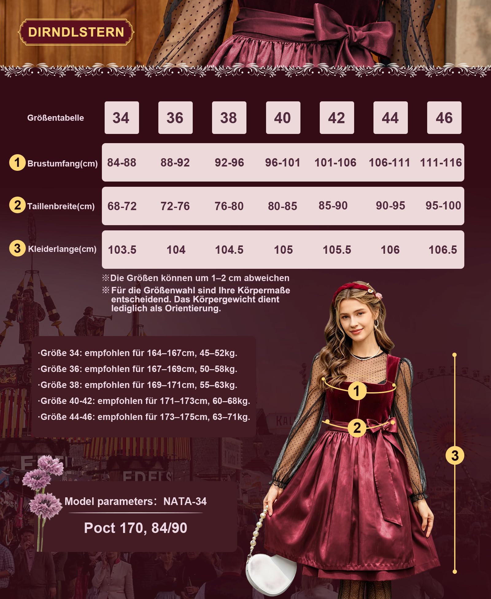 DIRNDLSTERN Damen Rot Trachtenkleid - Midi Oktoberfest Outfit Samt Dirndlkleid mit 60 cm Dirndlschürzen