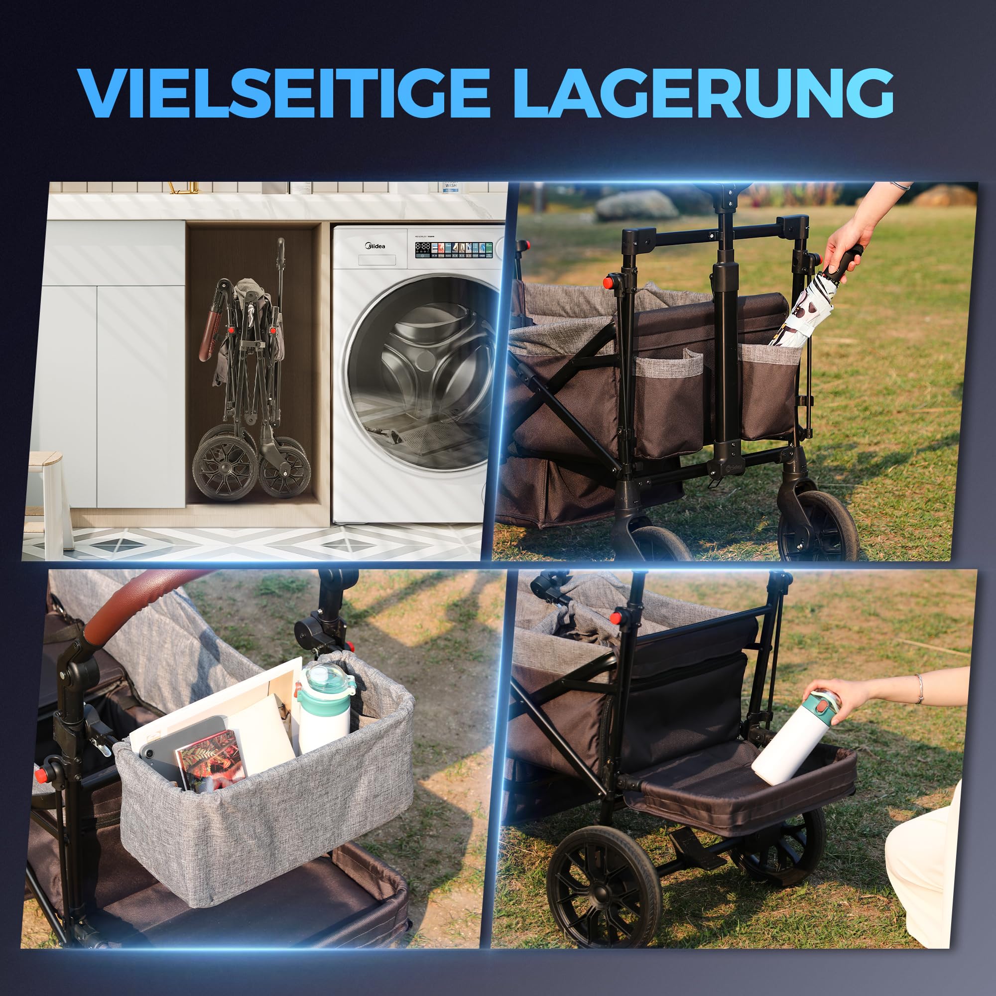 Bollerwagen für 2 Kinder, faltbarer Kleinkinderwagen mit Dach und abnehmbarem Tablett,Tür mit Reißverschluss,5-Punkt-Gurt, verstellbarer Griff, Bollerwagen mit Sitz (Grau)