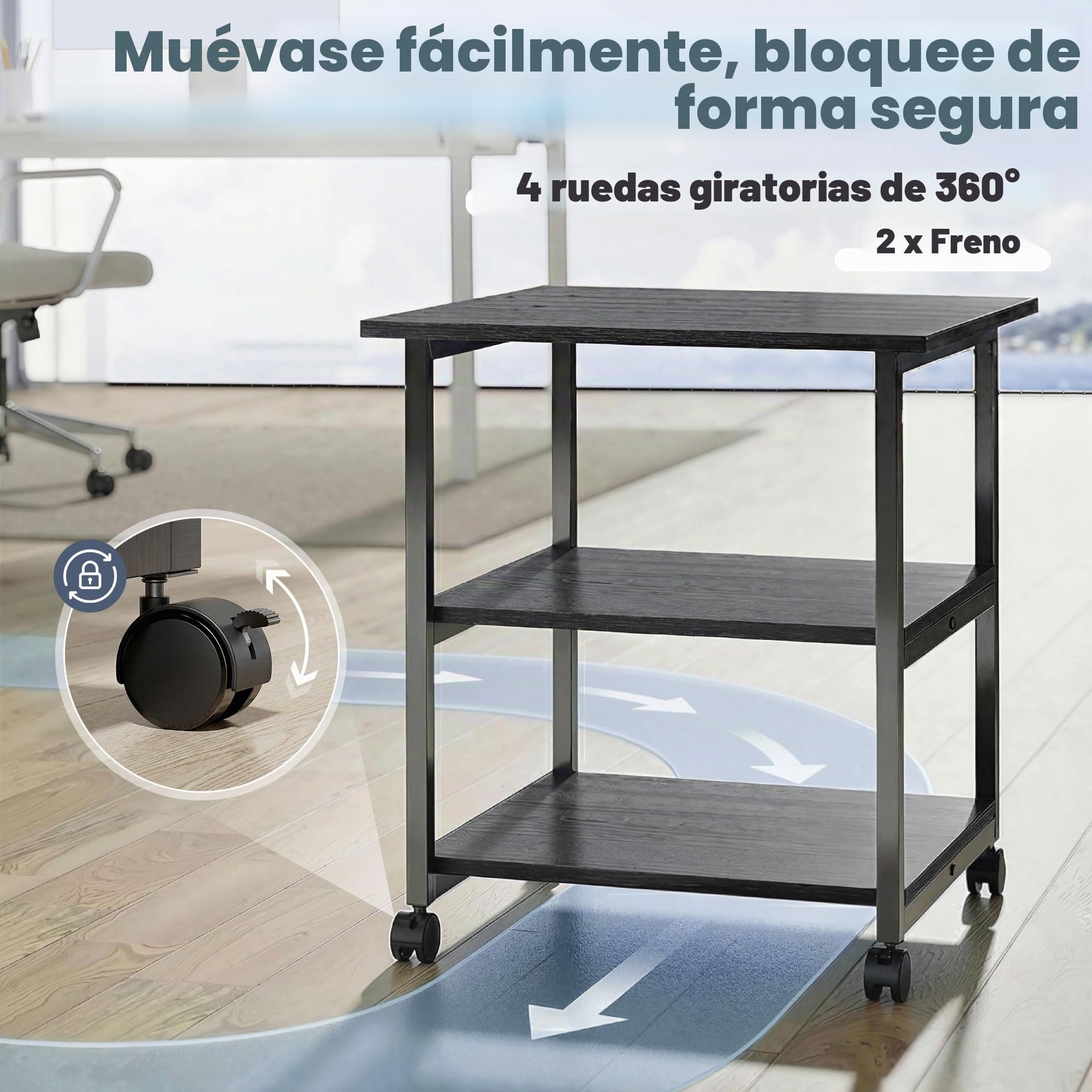 HOMCOM Soporte Impresora 3 Niveles, móvil, 50x50x52,5 cm, Negro | Mesa para impresora con ruedas, Carrito rodante, para Home Office