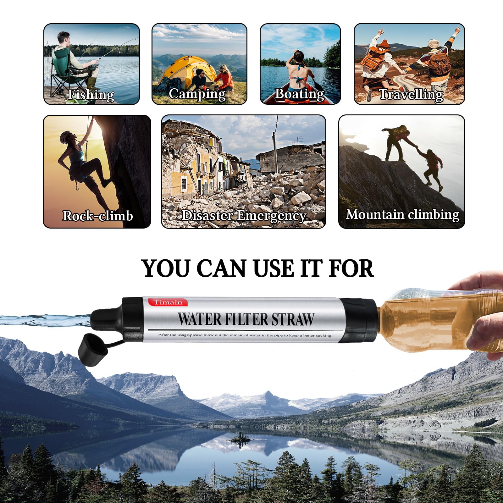 Timain Filtración de 4 etapas, filtro de agua de alto caudal, pajita, purificador de agua, supervivencia para kits de emergencia, viajes, camping, senderismo, pesca, caza, 6 unidades
