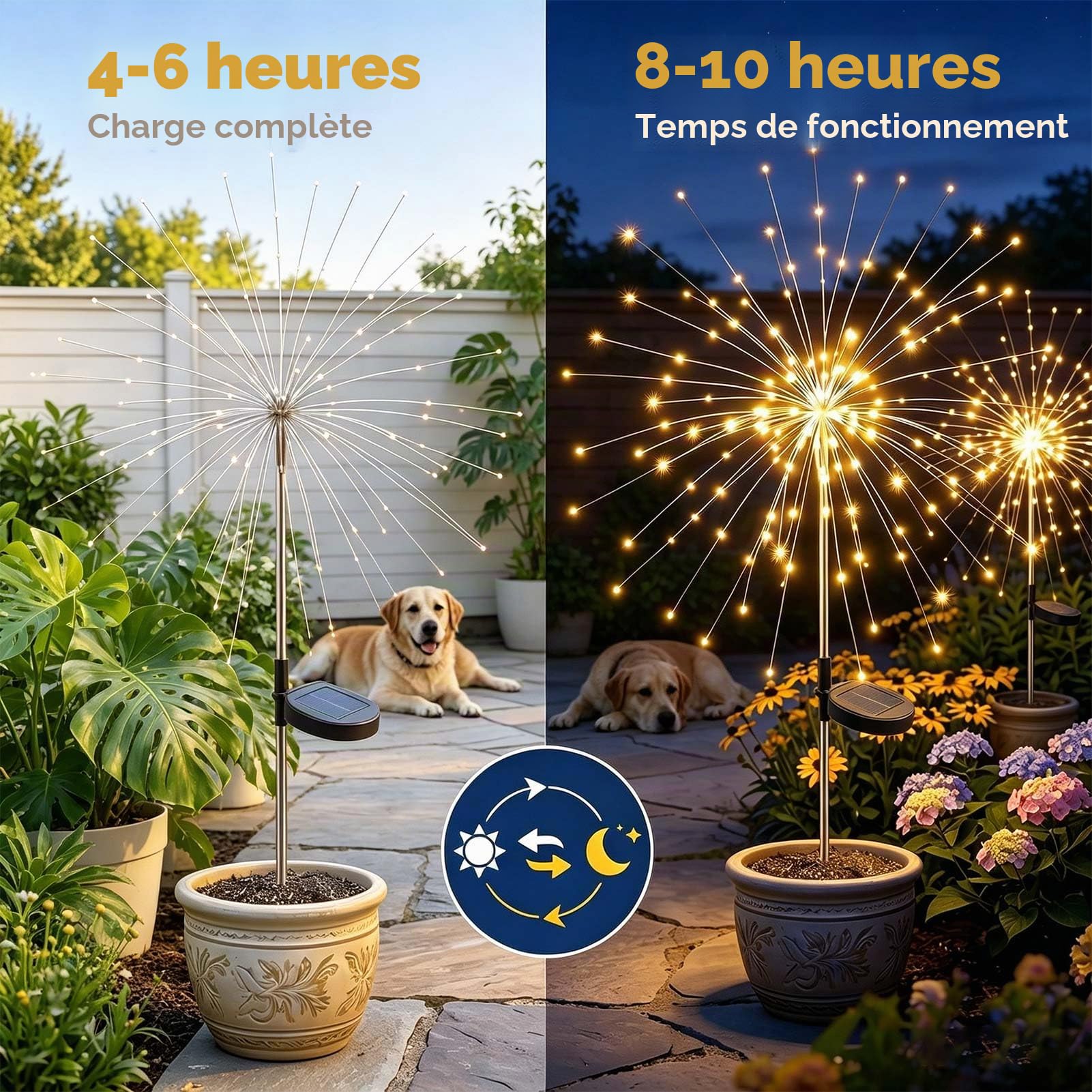 Joycome Lampe Solaire Exterieur 4 Pièces 120 LED Feux d'artifice Solaires | 8 Modes Lumière Solaires Extérieure IP65 Étanche pour Jardin Balcon Allée Terrasse Patio Cours Décoration(Blanc Chaud)