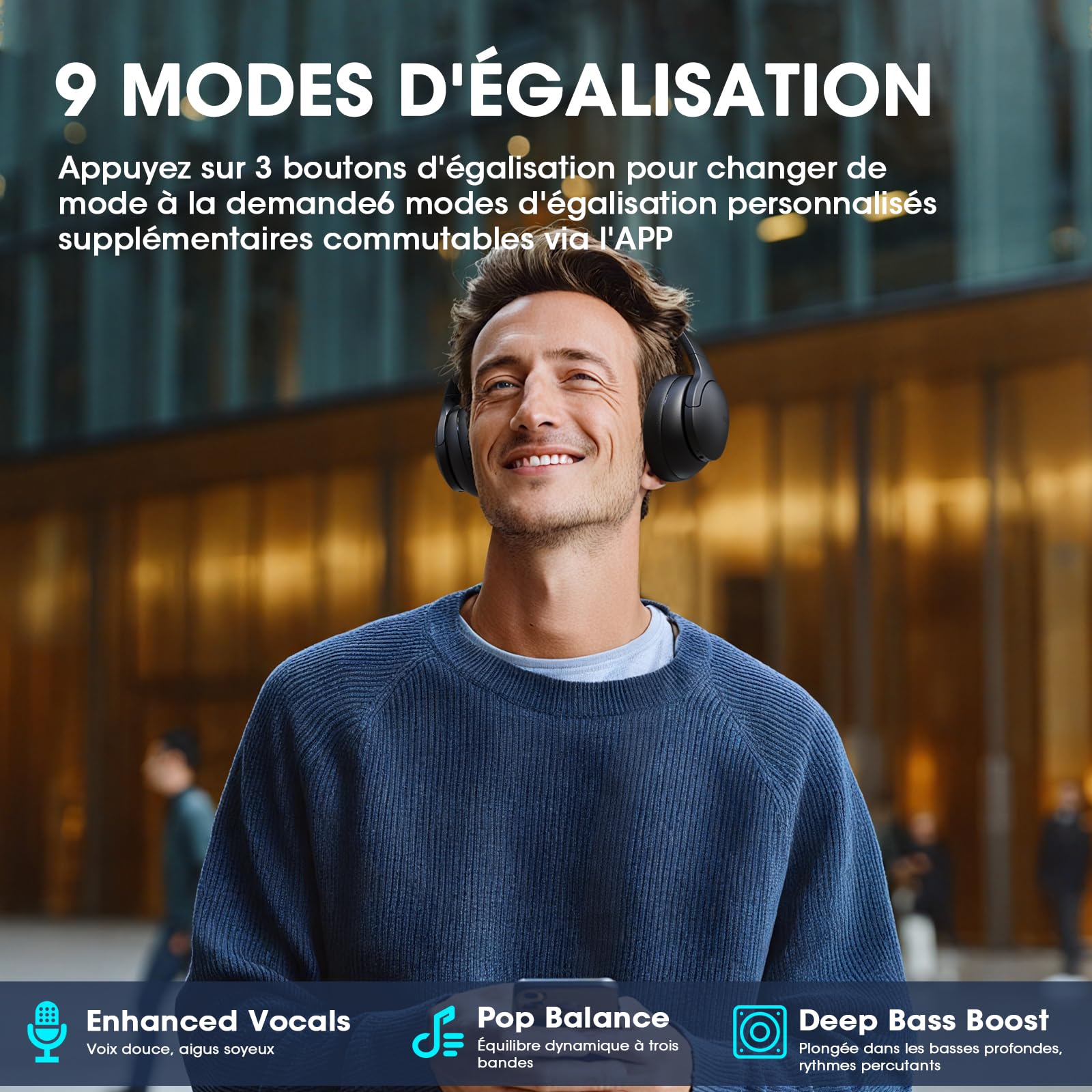DOQAUS Casque Bluetooth sans Fil 90H Durée Lecture avec 3 Modes EQ Bluetooth 5.3, Casque Bluetooth,Cache-Oreilles protéines Souples,Casque sans Fil stéréo HiFi Microphone pour Voyage/Travail/Vie