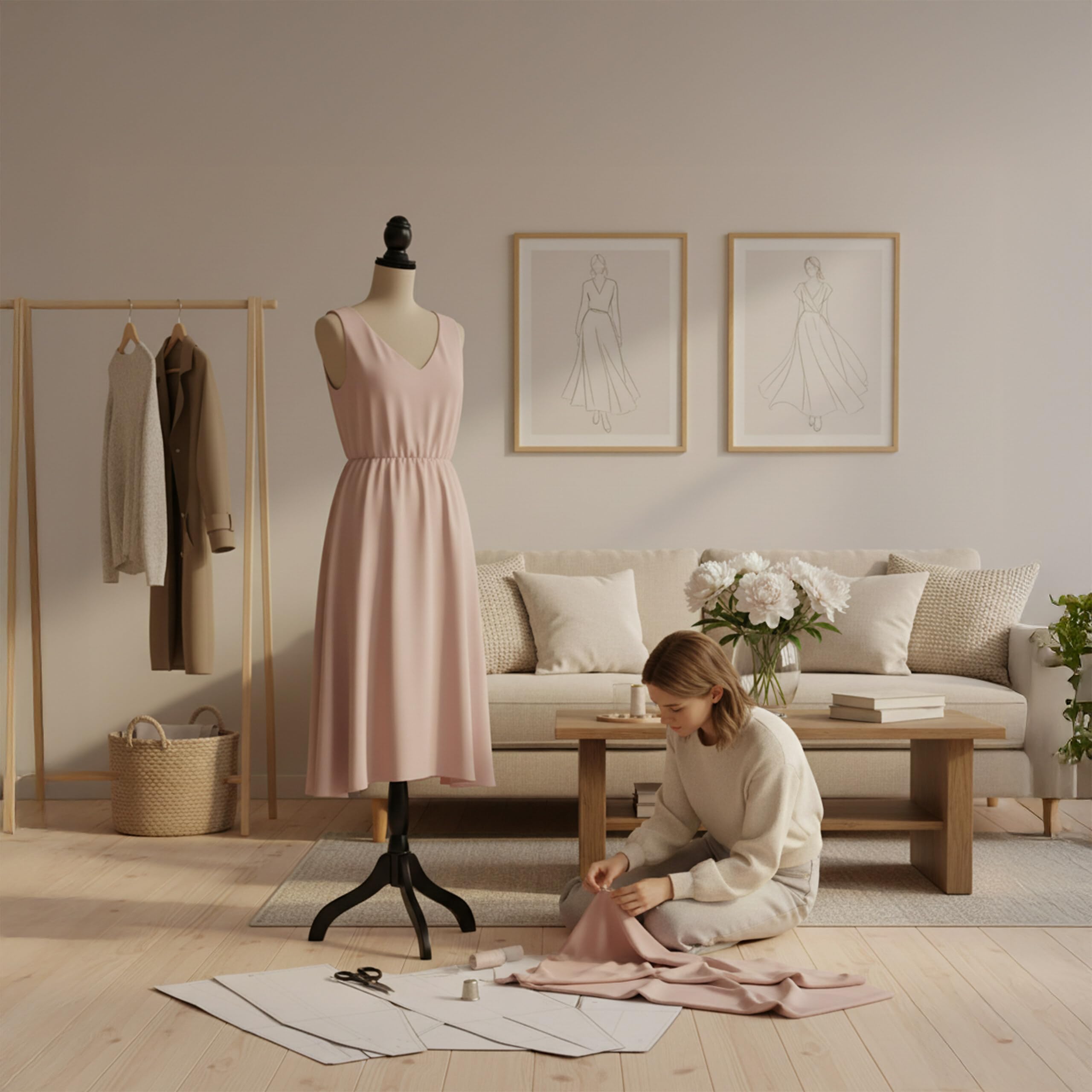 Relaxdays maniquí de Costura Femenino, Talla 36/38, Regulable 130–167 cm, Terciopelo champán/Negro, Soporte de Madera