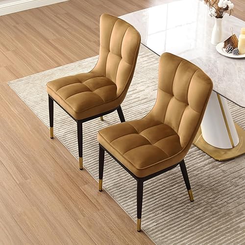 Miniatura 5 de Juego de 2 sillas de comedor modernas, cómodas sillas de comedor con asiento grueso, sillas de cocina tapizadas de terciopelo con patas de metal,