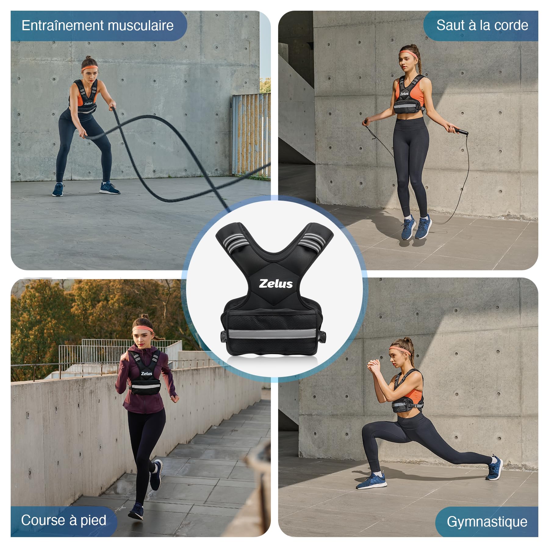 ZELUS Gilet Lesté 5kg/10kg/15kg/20kg Barre de Poids Réglable Veste Lestée de Course Entraînement pour Hommes Femmes Musculation Exercice Sports Gym Fitness Intérieur Extérieur, Noir
