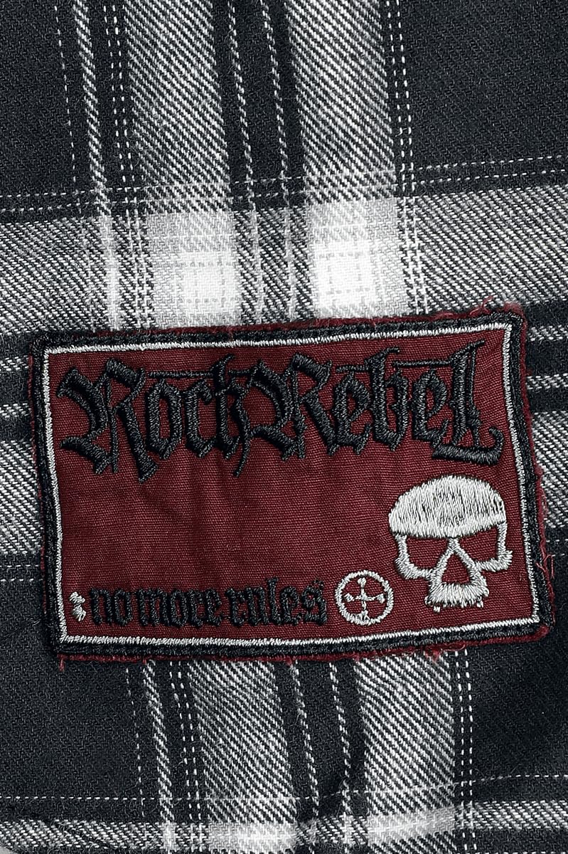 Rock Rebel by EMP Hombre Camisa de Manga Larga Negra/Gris con Bolsillos en el Pecho y Parches.