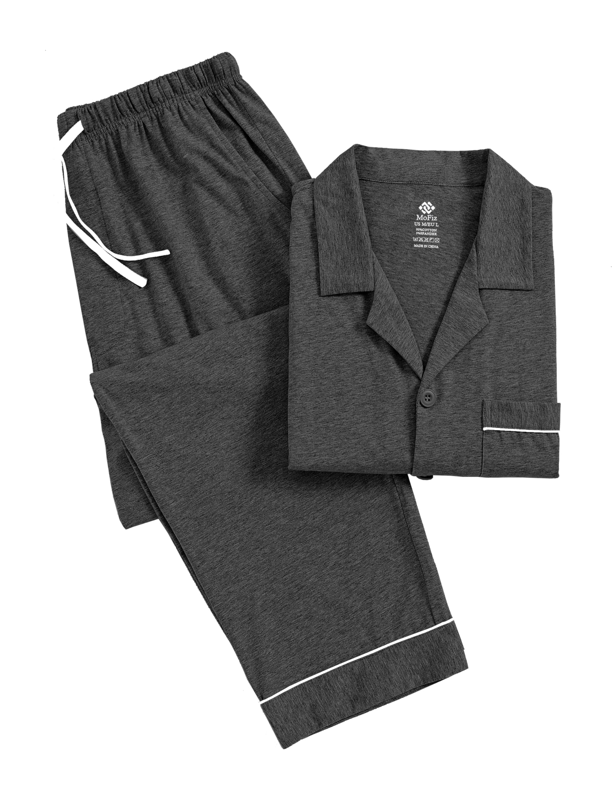 MoFiz Pigiama da uomo lungo, in cotone, con bottoni | Comodo, scollo a V, pigiama da uomo con bottoni, a maniche lunghe, tuta da casa, biancheria da notte, loungewear